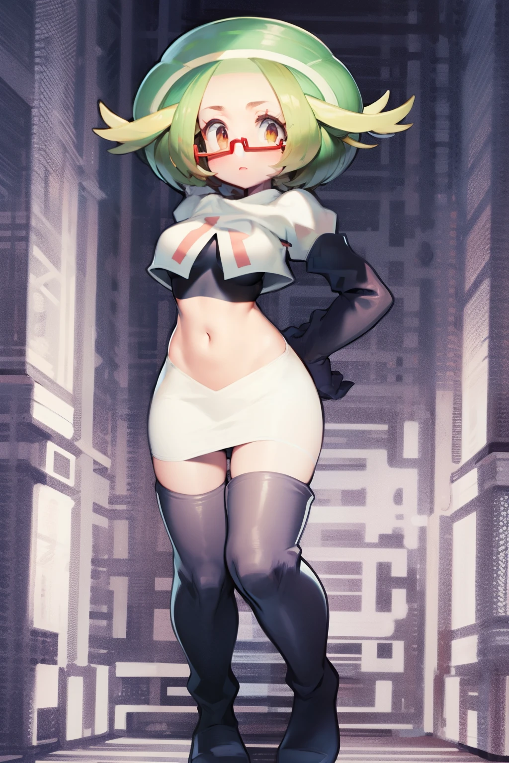 masterpiece, best quality,thighhighlonde hair:1.3),(bianca:1.5),red glasses, breasts,short hair,team rocket,team rocket uniform,white skirt,red letter R,crop top,black thigh-highs,black elbow gloves,