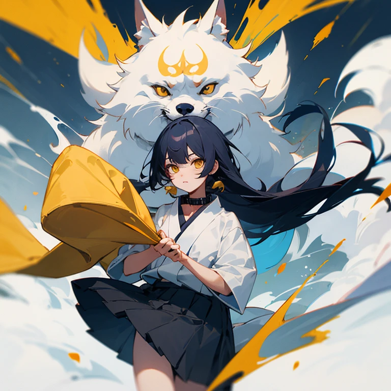 Name Inugami Towel、yellow eyes、blue-black long hair、holding a yellow towel、Skirt based on Japanese clothes with collar