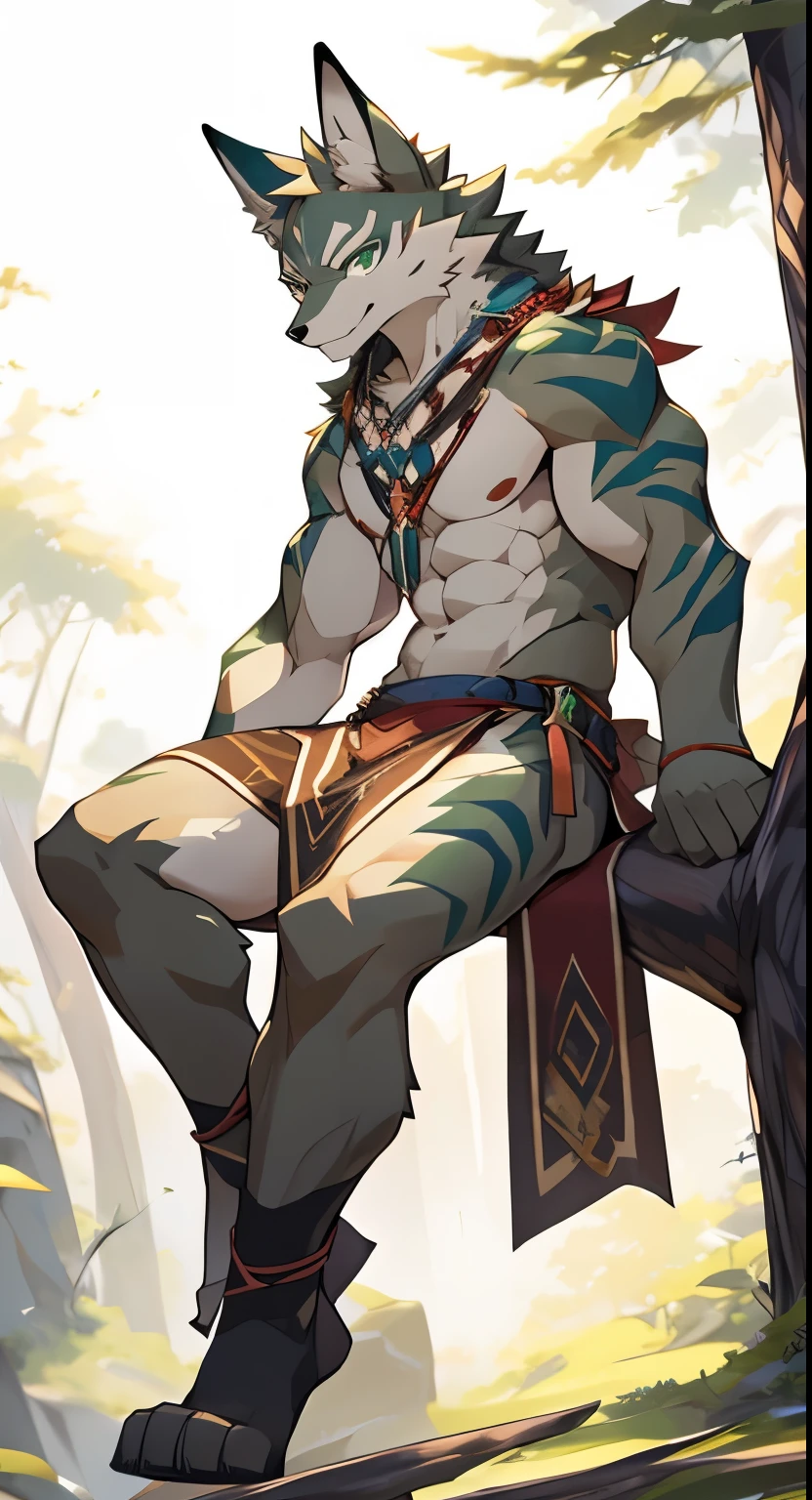Dark-skinned slave wolf beastman, male child, Wearing a collar, short-hair, a baby face, Ragged hair, wearing a loincloth, being led by a leash, Kamimei, is in estrus, squatting, From the top of the front, bare-legged, Kneeling, belve, Wild