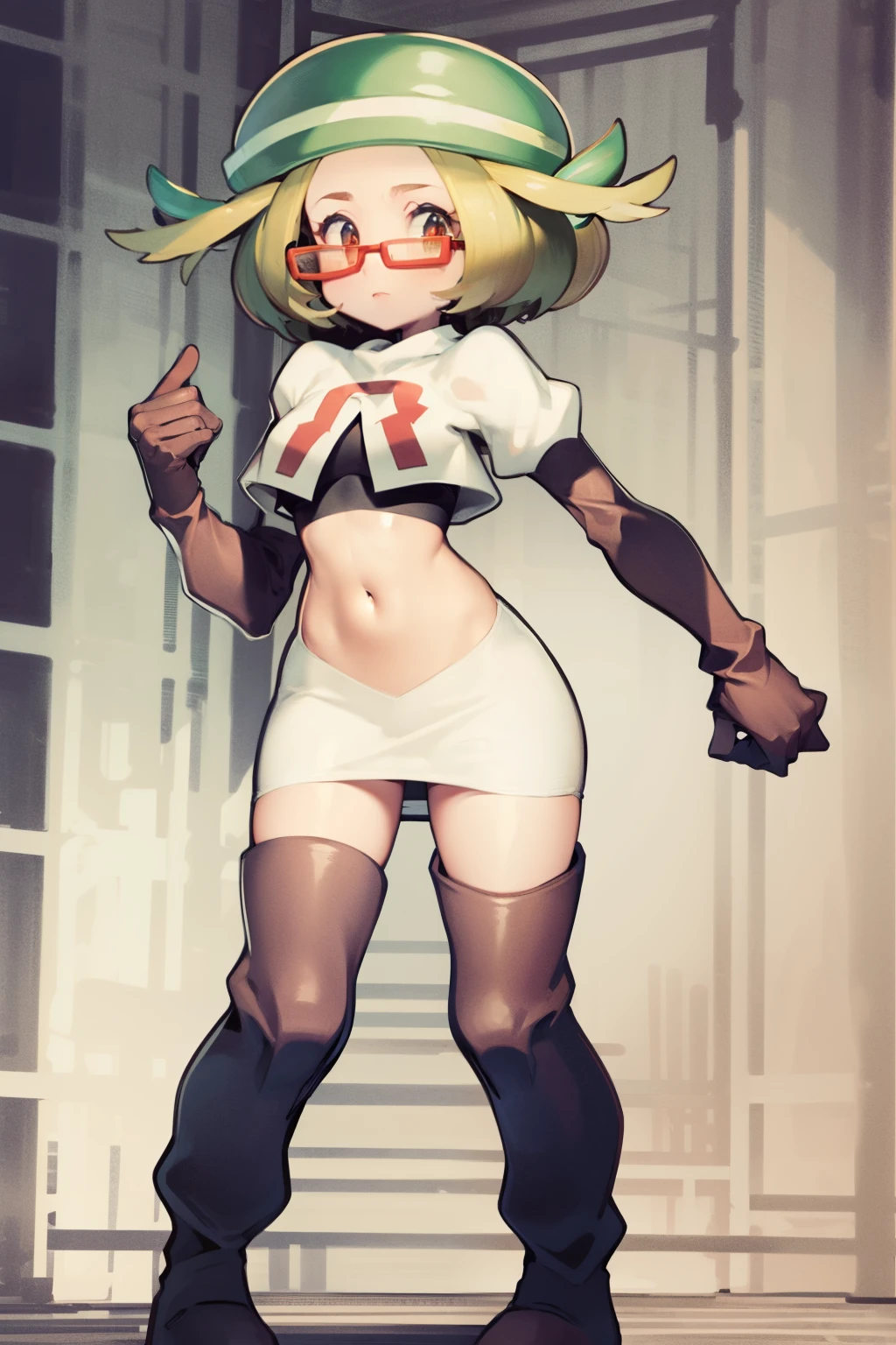 masterpiece, best quality,thighhighlonde hair:1.3),(bianca:1.5),red glasses, breasts,short hair,team rocket,team rocket uniform,white skirt,red letter R,crop top,black thigh-highs,black elbow gloves,