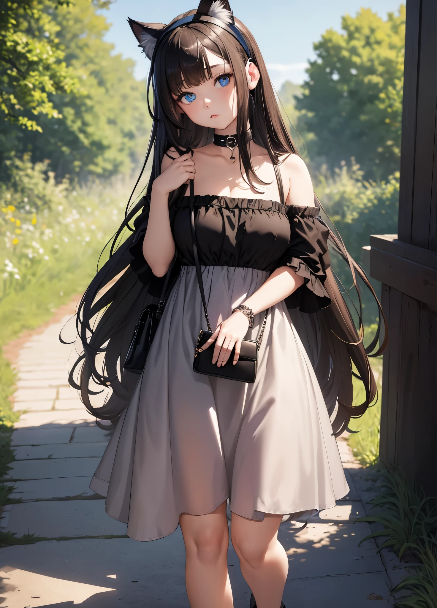 masterpiece, best quality, 1girl, solo, gothic black dress, moon choker, (walking in nature), looking at viewer, head tilt, bored, blue eyes, cat ears headset, ((long straight brown hair)), chubby, tall, (chubby body), ((over the shoulder small purse))