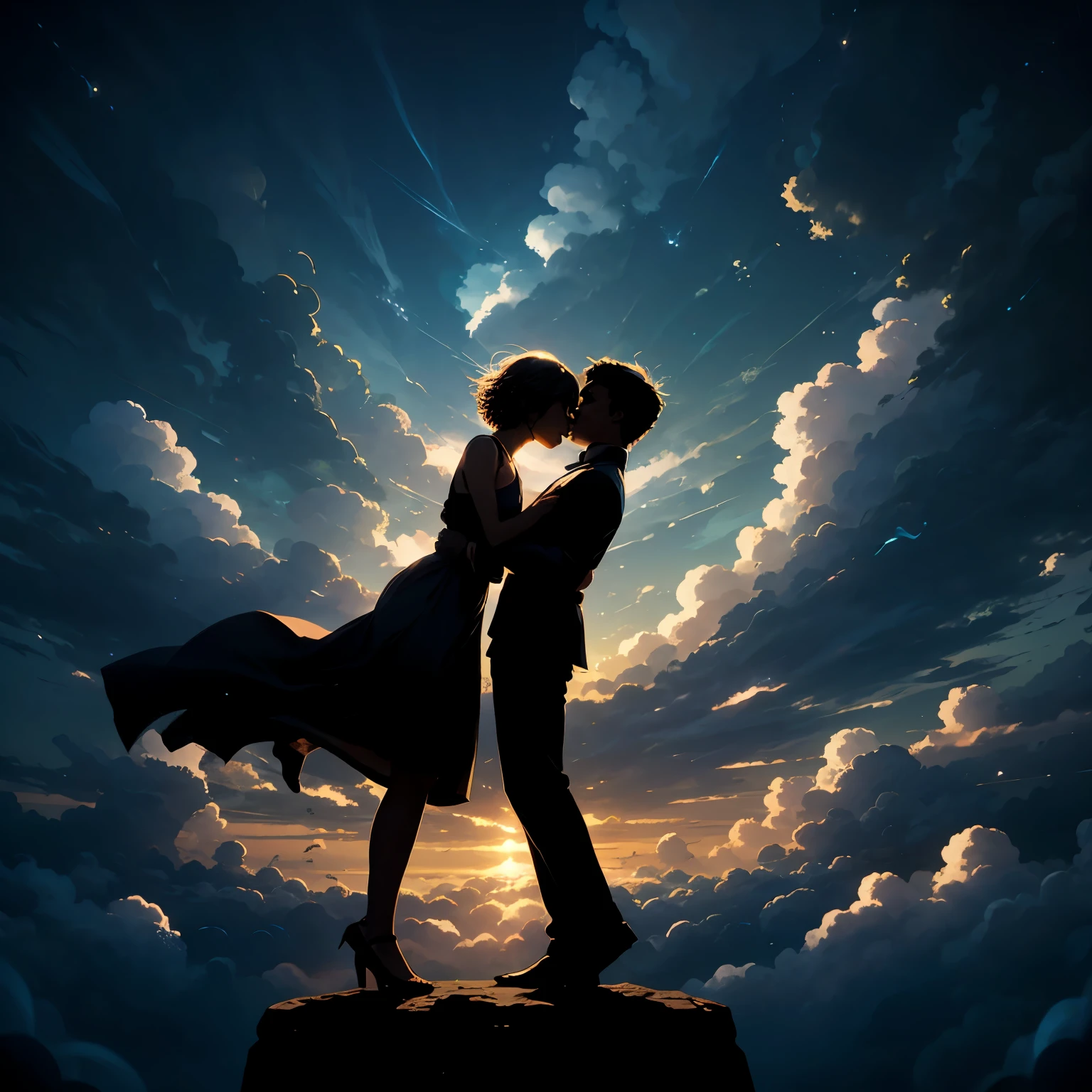 Full body silhouette of a harmony man and woman with short hair fly up in a flow of light, cloudscape,minimalistic, cuddling, unity, energy, Love, creation life, universe