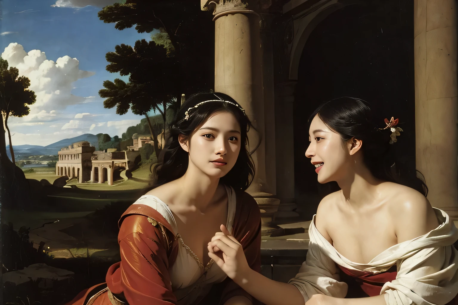 Ancient Roman ruins,Poussin-style landscape,A smile,,Sweet and seductive appearance.、Caravaggio's paintings、Chiaroscuro of Caravaggio、Hair disheveled in the wind,Two women frolicking,Cute smile, Expression of ecstasy,A sexy,Erotic