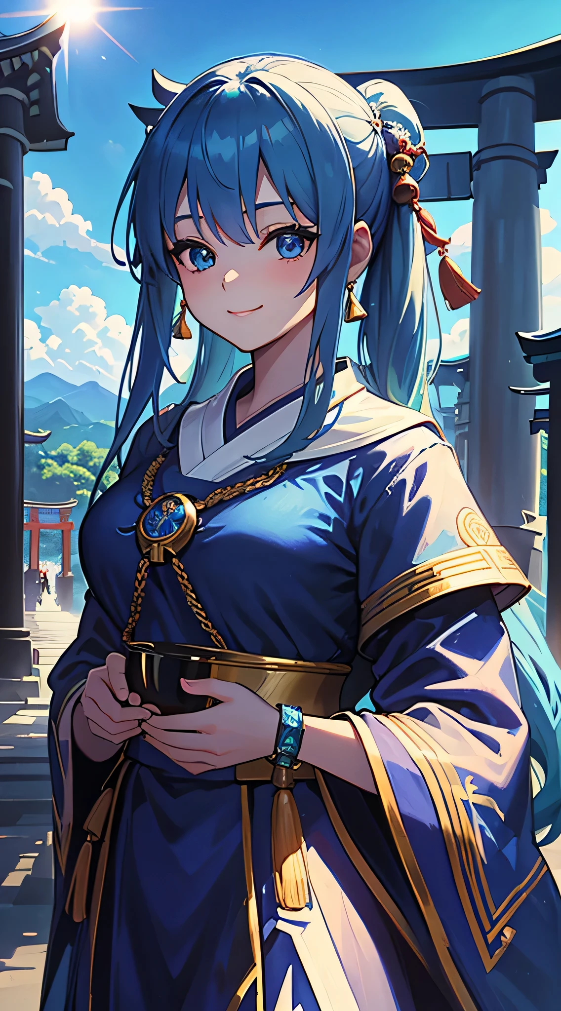 top-quality、Top image quality、​masterpiece、teens girl((18year old、 Ager、Best Bust、Medium bust,wide open breast tea、light blue eyerest, bionde、poneyTail、A slender,Highest valley、Priestess costume、The best smile、Face the front)),hiquality、Beautiful Art、Background with((jpn、Blue sky、shrines、torii gate、Bright sun)),masutepiece、depth of fields、movie、visualart、Perfect Art