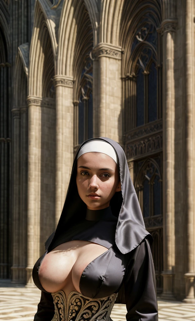 half body shot, (masterpiece), (extremely intricate:1.3), (realistic), portrait of a girl, the most beautiful in the world, (nun costume without breast's clothes), metal reflections, upper body, outdoors, intense sunlight, far away cathedral, professional photograph of a stunning woman detailed, sharp focus, dramatic, award winning,hard lighting,