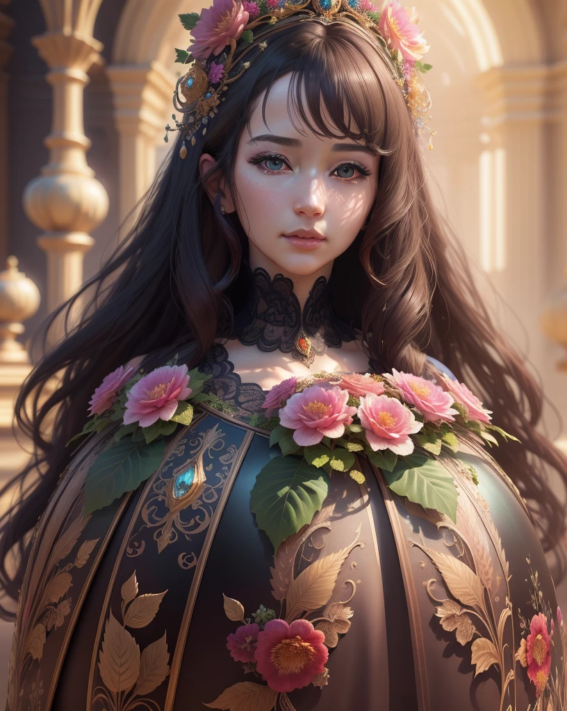 4k, realistic, very detailed, wide angle lens, glorious dress, vibrant, fantastical plants, splash art anime background, concept art, realistic lighting, epic composition, diffuse, (masterpiece, best quality), super hd, 32k , Detailed and realistic portrait of a woman (Masterpiece, realistic:1.3), (extremely intricate:1.2), (photorealistic:1.4), (extremely delicate), (ultra realistic:1.3), (hyperrealistic 3D render), looking at the viewer eyes standing straight --v 6