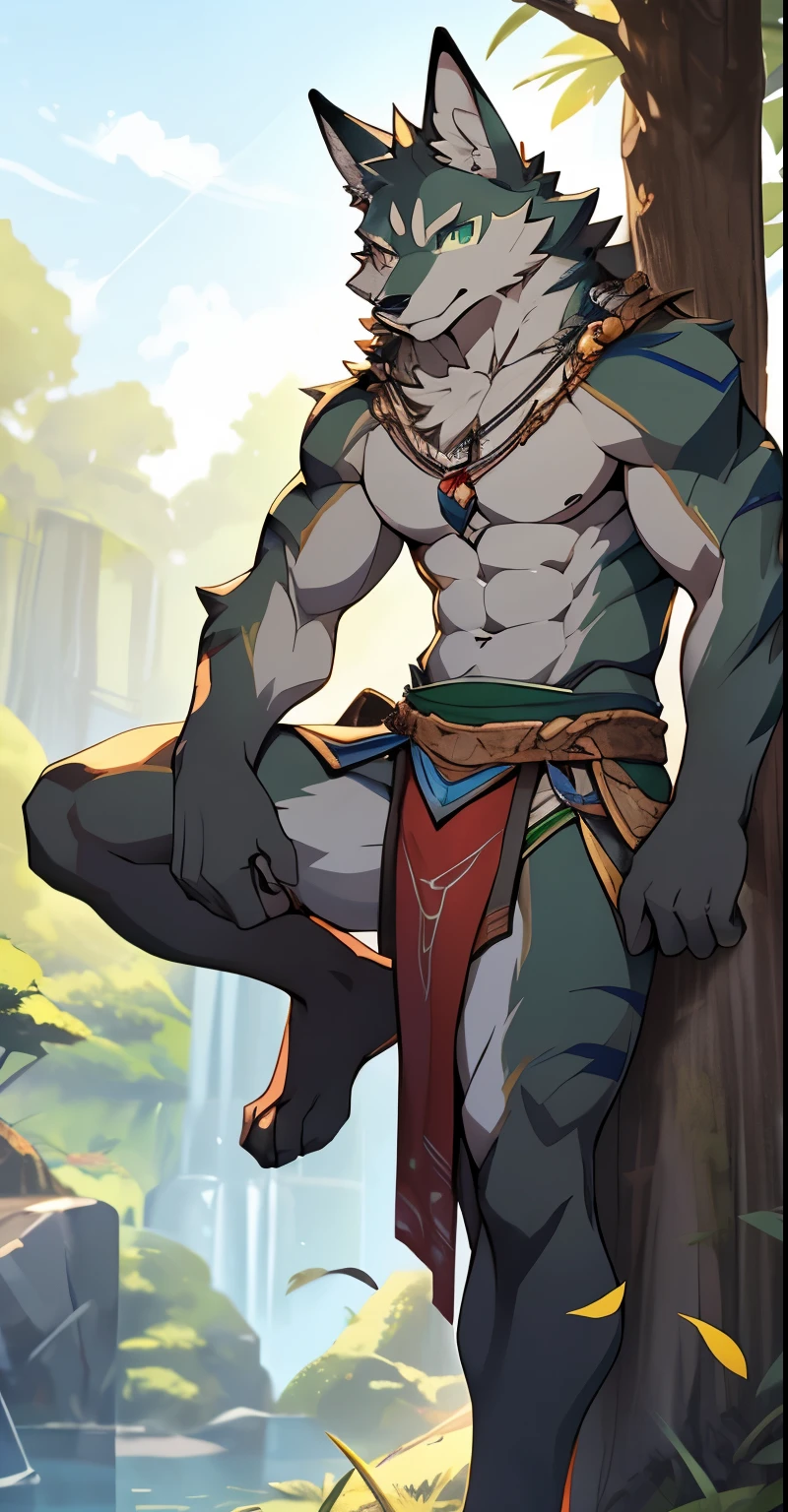 Male, (((solo))) character, Rauru, Male focus, 8k wuality, ultra realistic, 3d render, digital art, beautiful and detailed portrait of a Male Rauru, kenket, Ross Tran,ruan jia, uploaded to e621, zaush, foxovh, cenematic lighting, (((confident, seductive))), not muscular, weak, (((whole body showed))), (((detailed green eyes))), (((correct position))), (((dating))), (((loving eyes))), (((full in love))), (((seductive))), (((seduction))), (((master))), (((dominant))), (((sexy))), (((full body commission))), (((whole body showed))), (((feets paws))) 4 toes, (((full body))), (((sweating wet))), (((face between legs))), (((big bulge))), (((male))), (((gay))), (((goat))), (((gray green fur body))), (((tribal clothes))), (((long white hair)))