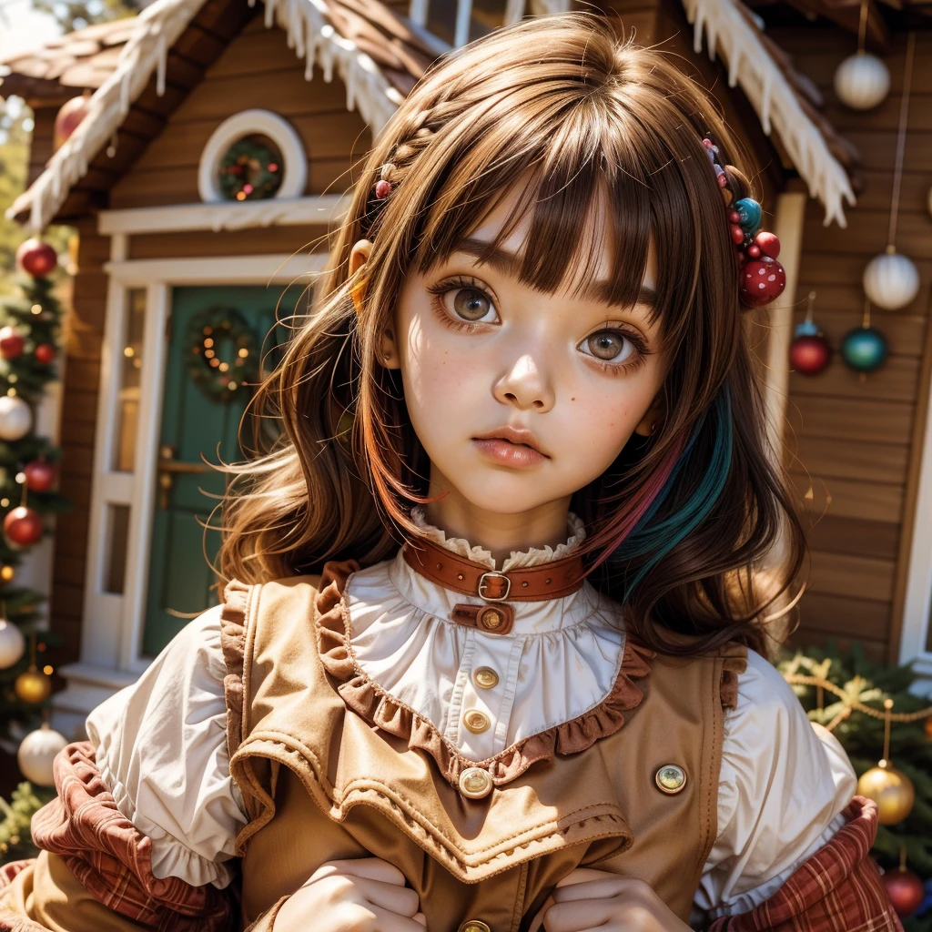 gorgeous young girl, multicolored hair, gingerbread house, kawaii outfit, big eyes, sweet face,