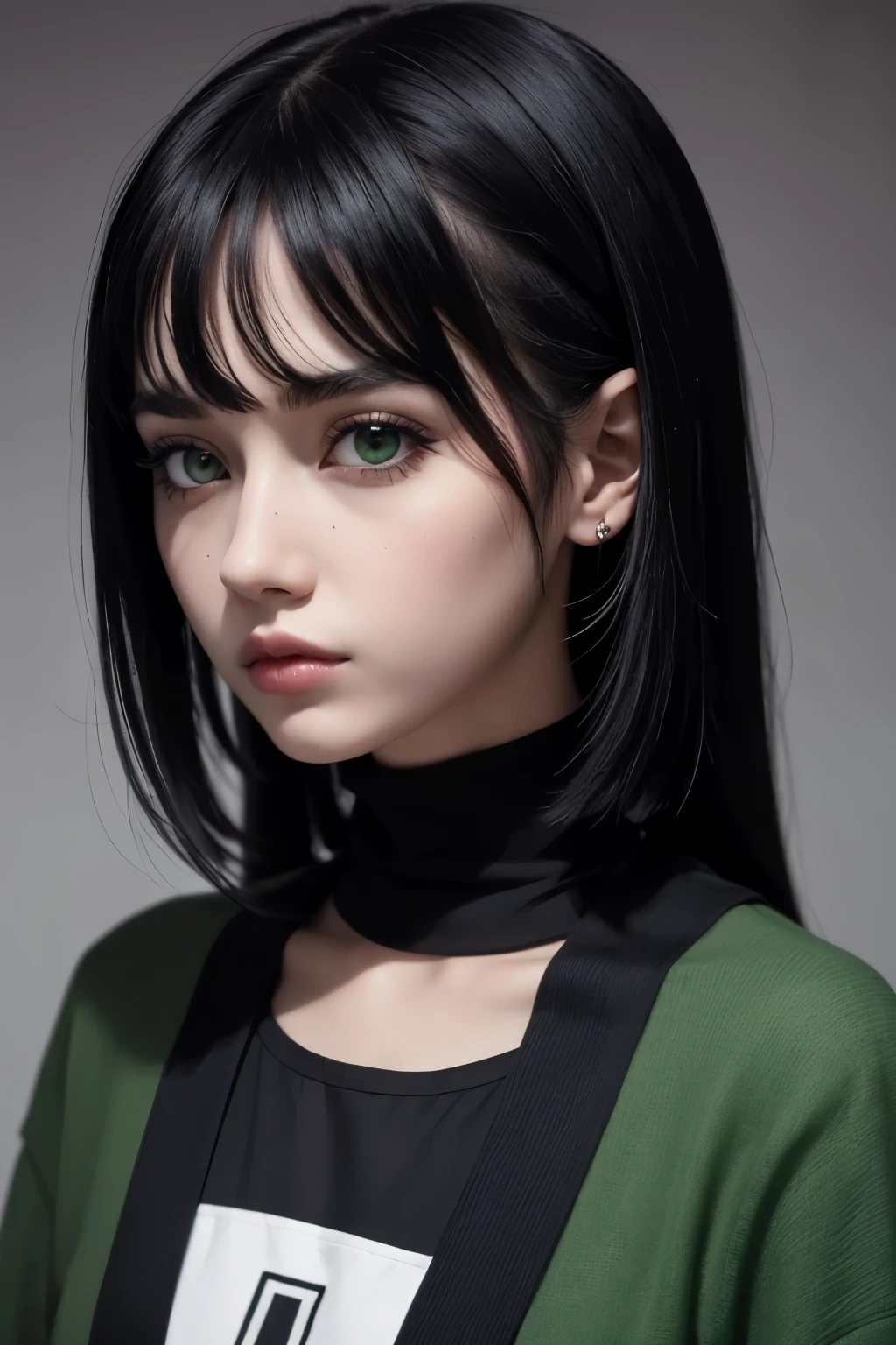girl black hair gothic black and green clothes white skin and tall, fundo banner escrito 7Geek