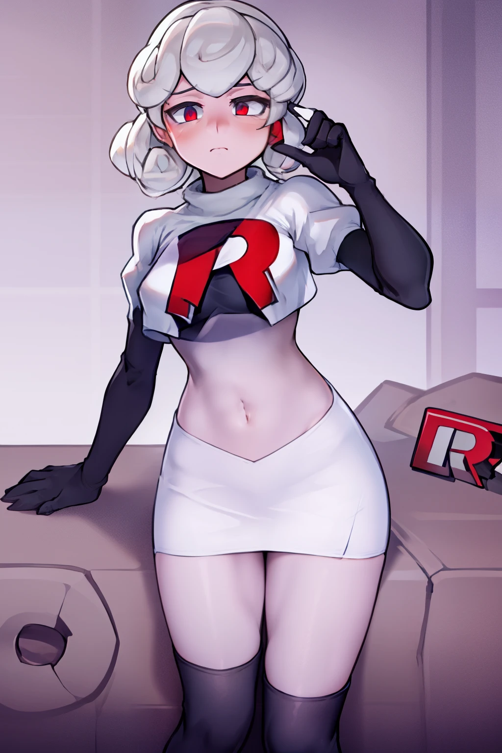 masterpiece, best quality, team rocket,team rocket uniform,white skirt,red letter R,crop top,black thigh-highs,black elbow gloves,