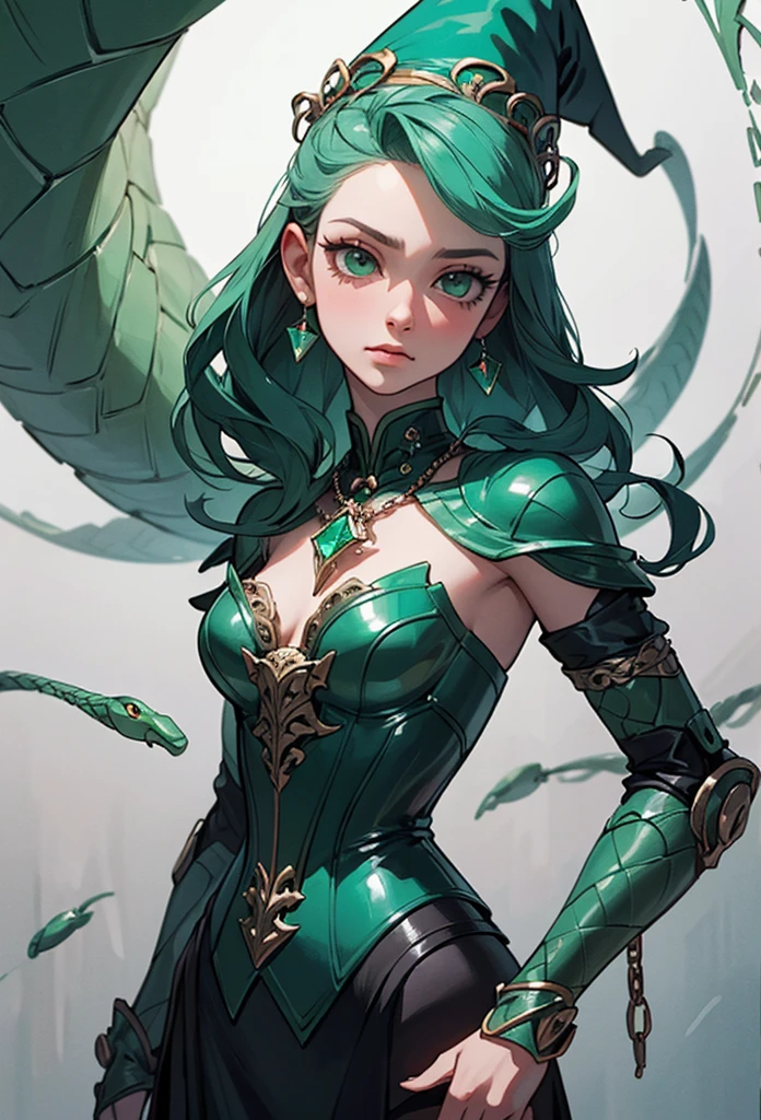 a witch with snakes, solo, commanding an emerald snake, the snake coils around her body like a dress, surreal mystical fashion sense, the emerald snake on alert to deter the viewer, intricate detailed fantasy portrait, highly detailed face and eyes, porcelain skin, flowing green hair, elegant ornate headpiece, dramatic lighting, vibrant colors, digital painting, cinematic composition, photorealistic, 8k, best quality, masterpiece