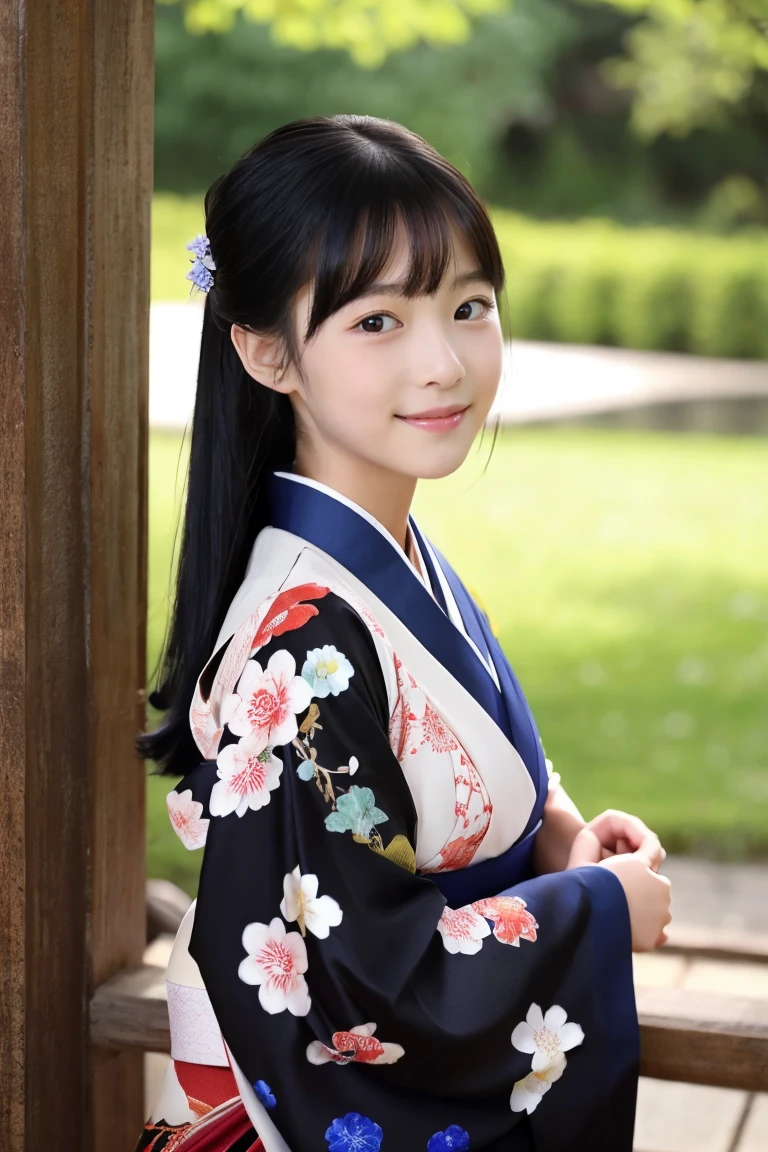 Beautiful girl in kimono、New Year、14years、Black hair straight long hair、