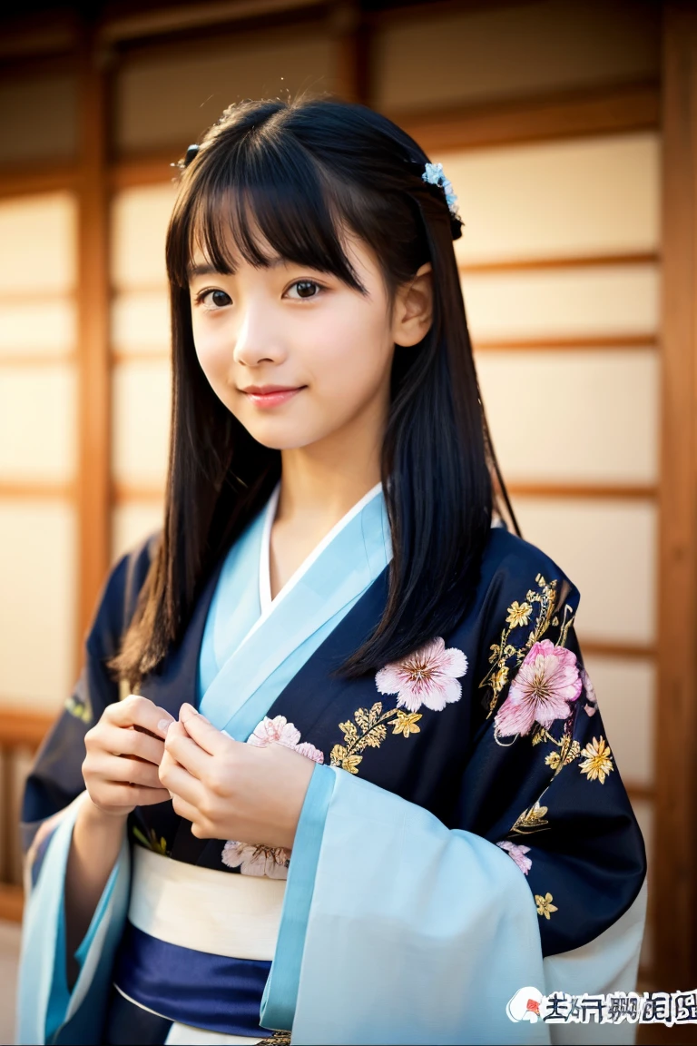 Beautiful girl in kimono、New Year、14years、Black hair straight long hair、