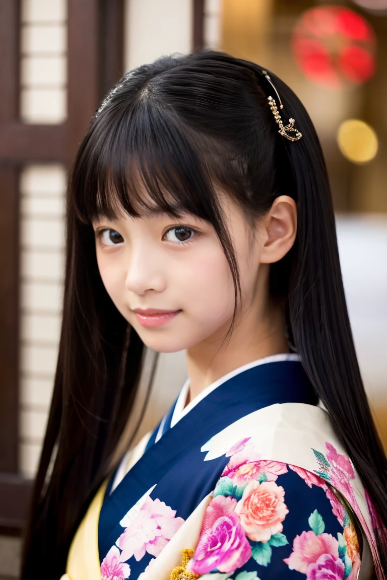 Beautiful girl in kimono、New Year、14years、Black hair straight long hair、