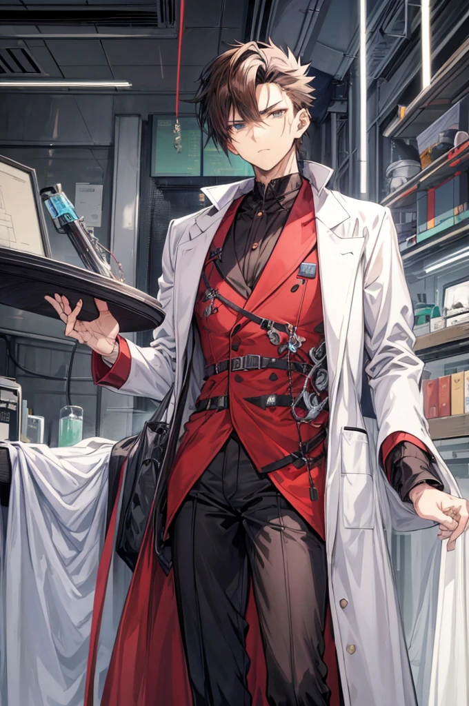 (flat color:1.1),(masterpiece:1.2), best quality, masterpiece, original,short brown spiky hair, (mature handsome anime man looking at the camera with a gentle expression:1.2), wearing labcoat, scientist