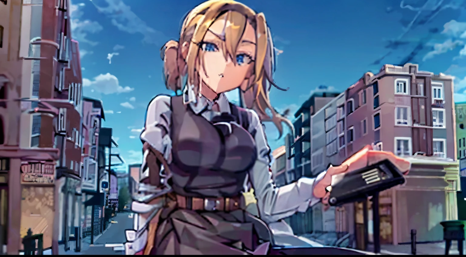 qualidade de obra-prima,Complete details,Two-dimensional style,small town suburbeautiful giantess with long blond hair and blue eyes,giantess art,Lying on the side of the road,Reach out and play with humanare-legged