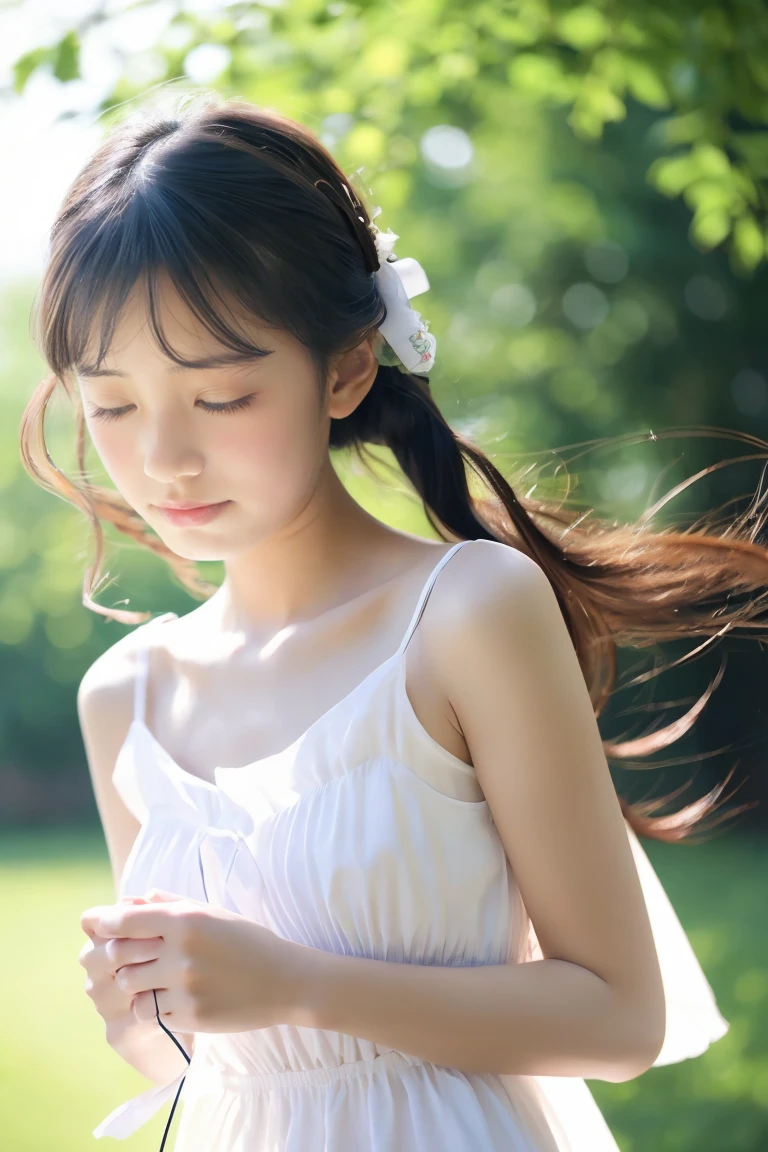 Beautiful girl wearing a white summer dress、sixteen years old、bow ribbon、japanes、(heavy wind)、wistfulness、Spinning、An expression that reminds you of something with your eyes closed、