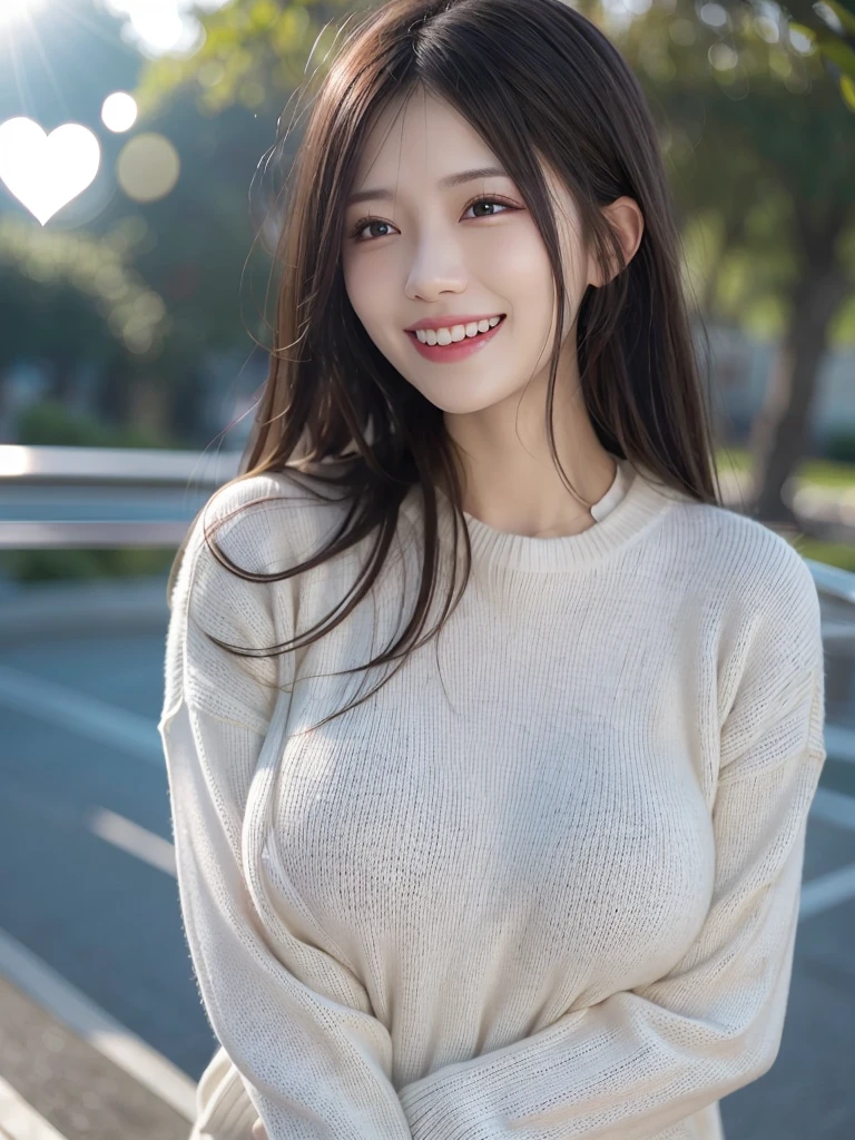 a girl, cosy sweater on, upper body, (huge Laughing:1.1), (open mouth:1.1), (wide open eyes:1.2), sun glare, bokeh, depth of field, blurry background, light particles, strong wind, (heart particles:1.1)