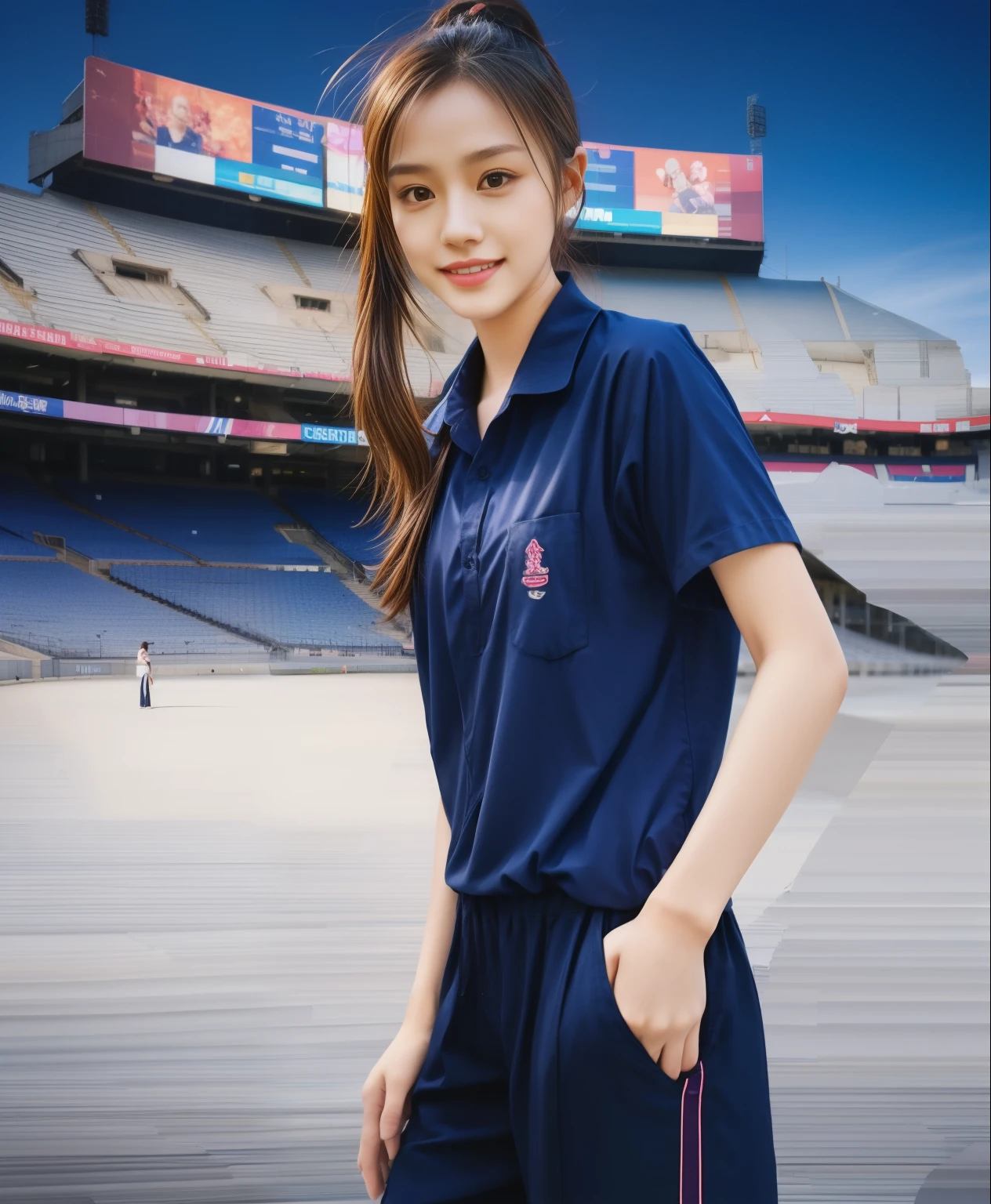 (bestquality,10,10,highres,masterpiece:1.2),ultra-detail,(Realistic,ภาพRealistic,photo-realistic:1.37),1 Cute girl in the football field,oily shiny skin,bara,light smile,BDclothelue shirt:1.3)),short sleeves,shirt, trousers.,(navy_long_ติดตามtrousers:1.1), ((Stadium Background:1.3)),dynamic angle,excited,face focus,Dynamic Poses,from behide,Ass Focus,masterpiece, bestquality, ultra realistic, hyper-detail, 8k resolution, RAW photo, crisp focus, ((Navy blue shirt:1.1)), short sleeves, เส้นทางlong, Complete bodyแบบ, 2 mature women, 18yo, cinematic light,trousersวอร์มสีน้ําเงิน,Gymware,Correct anatomy,Complete body, Correct body, sharp face, Correct bodyทางกายวิภาค, full entire body, Realistic gestures, long-haired, Realistic poses,Wear long shorts............................................,ช่วงขาlong,Shapely,Sculpting Girl, Slender Figure, mannequin mannequins, Shapely, Beautiful body,trousersวอร์มสีน้ําเงิน, Two girls kissing
