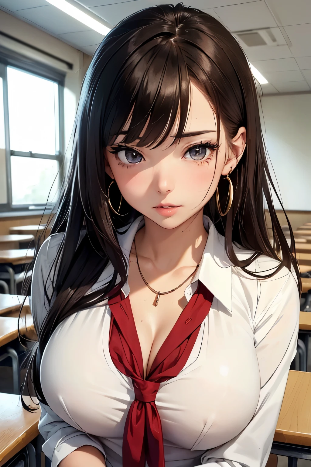 (((toppless))),((Upper body naked))),(masutepiece: 1.3), (((Long bangs)),(max resolution: 1.2), (Ultra HDTV: 1.2), cinematric light, Ultra HDTV, (Detailed eyes and skin), (detailed facial features), nffsw, 8K resolution, Sharp Focus: 1.2, Perfect Style, Beautiful face, 准确, Anatomically correct, Highly detailed face and skin texture, Detailed eyes, Brown eyes, Double eyelids, Thin eyebrows, Glitter Eyeliner: 1.2, Natural cheeks, Glossy skin, Fair skin: 1.2, shiny little necklace and earrings, (Glossy lips: 1.4), BREAK, ((POV))), (((High School Uniform: 1.2)))), ((Look up at me))), (Shy look: 1.2)))), (18 years old, Neat girl))))), (ponytail in high position, Wavy Hair, Brown hair, bangs flowing diagonally), Medium Long Hair, scene seen from above, ((Cowboy Shot: 1.2)), (Focus on Face:1.2), (( Very intimate relationships: 1.2)), ((large full breasts)), (upturned breasts), (((In the classroom where the setting sun shines: 1.2)), ((Sitting across from her in a school chair、Curtains flutter in the wind)), ((She lifted her chin:1.2)), (Staring at me)), Highly detailed face and skin texture, Detailed eyes, Double eyelids, Natural cheeks, Blue eyes, shiny little necklace and earrings, shiny lips: 1.4,Exposed cleavage、Sperm taken、dripping sperm、red blush、Traces of tears、embarrassed from、、、Open knees、open one's legs、Masturbation behavior、masturbation、