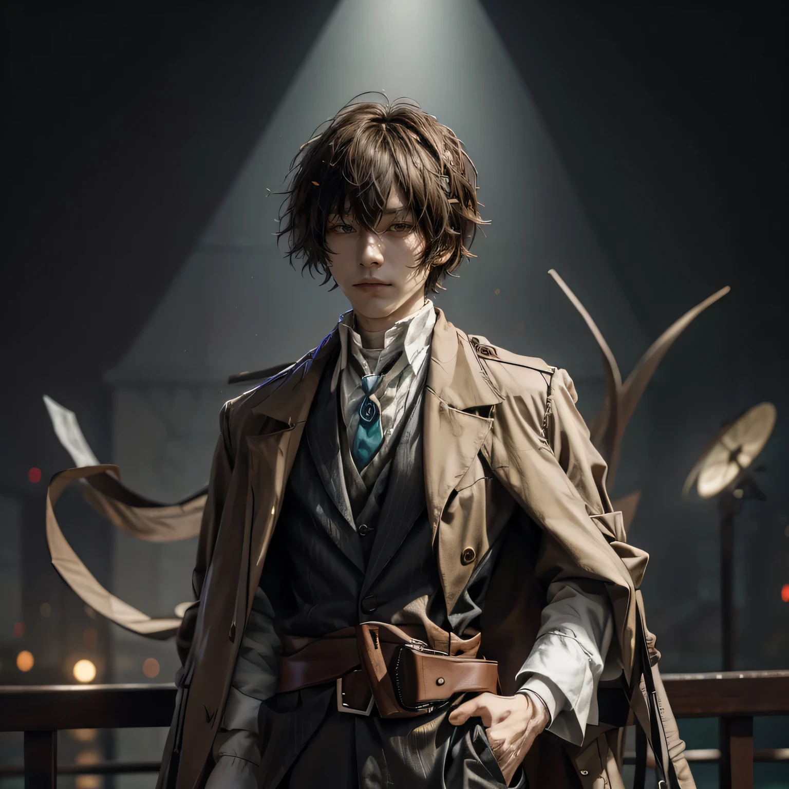 a man, Osamu Dazai((Bungo Stray Dogs)), focus male, 22 years old, mildly wavy, short, dark brown hair and narrow dark brown eyes, bangs frame his face, while some are gathered at the center of his forehead, long sand-colored trench coat, the belt of which he leaves untied,  Under it is a black vest over a striped dress shirt that is light blue in hue,bolo tie, which is held by a brown ribbon and a turquoise pendant,  UHD, retina, ccurate, masterpiece, anatomically correct, textured skin, high details, super detail, high quality, award winning, best quality, highres, 1080P, photorealistic photo, ultra high res.