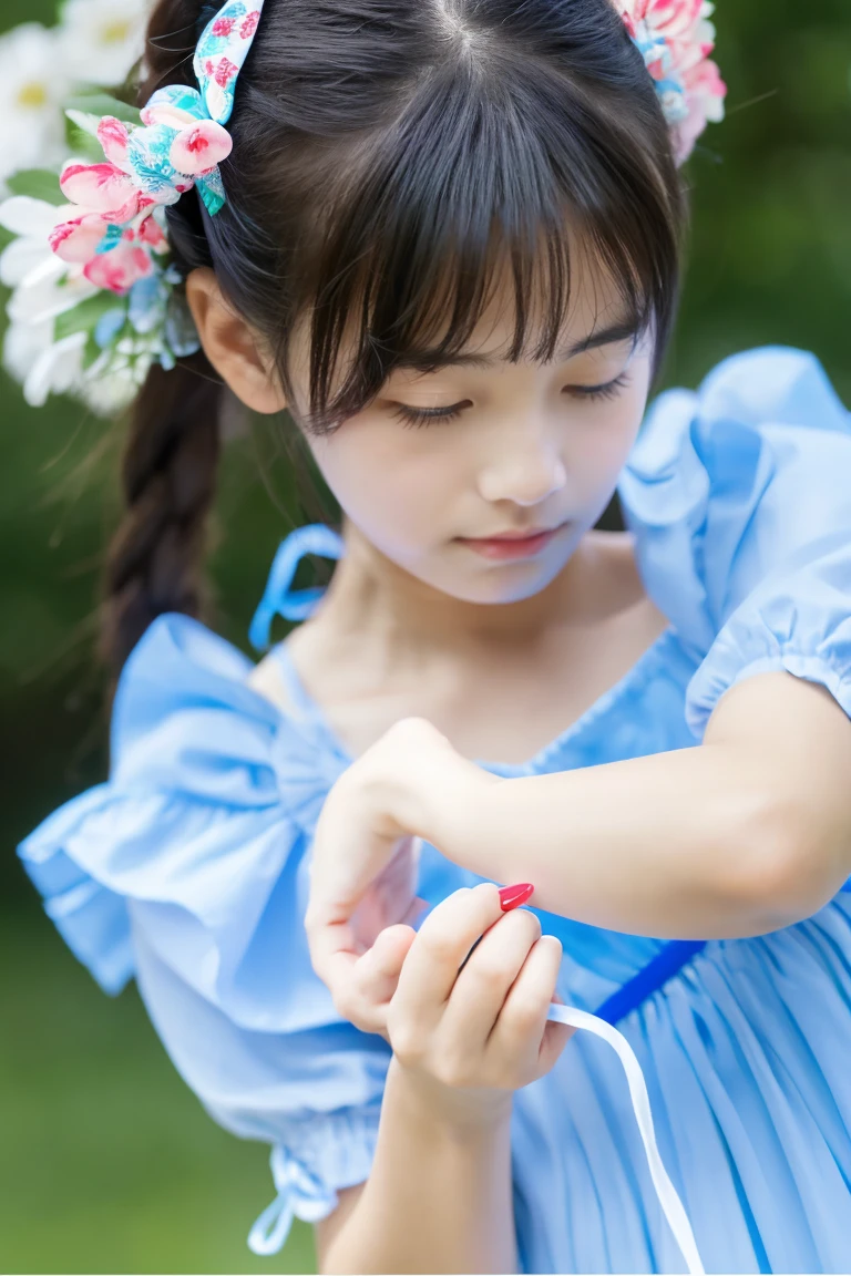Beautiful girl wearing a light blue summer dress、、bow ribbon、japanes、(heavy wind)、wistfulness、Spinning、An expression that reminds you of something with your eyes closed、