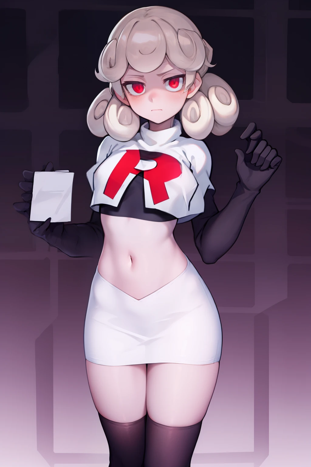 masterpiece, best quality, red eyes, white curly kair, team rocket,team rocket uniform,white skirt,red letter R,crop top,black thigh-highs,black elbow gloves,