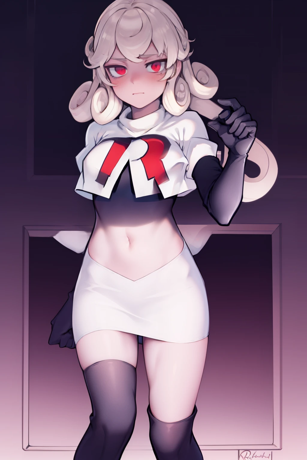 masterpiece, best quality, red eyes, white curly kair, team rocket,team rocket uniform,white skirt,red letter R,crop top,black thigh-highs,black elbow gloves,