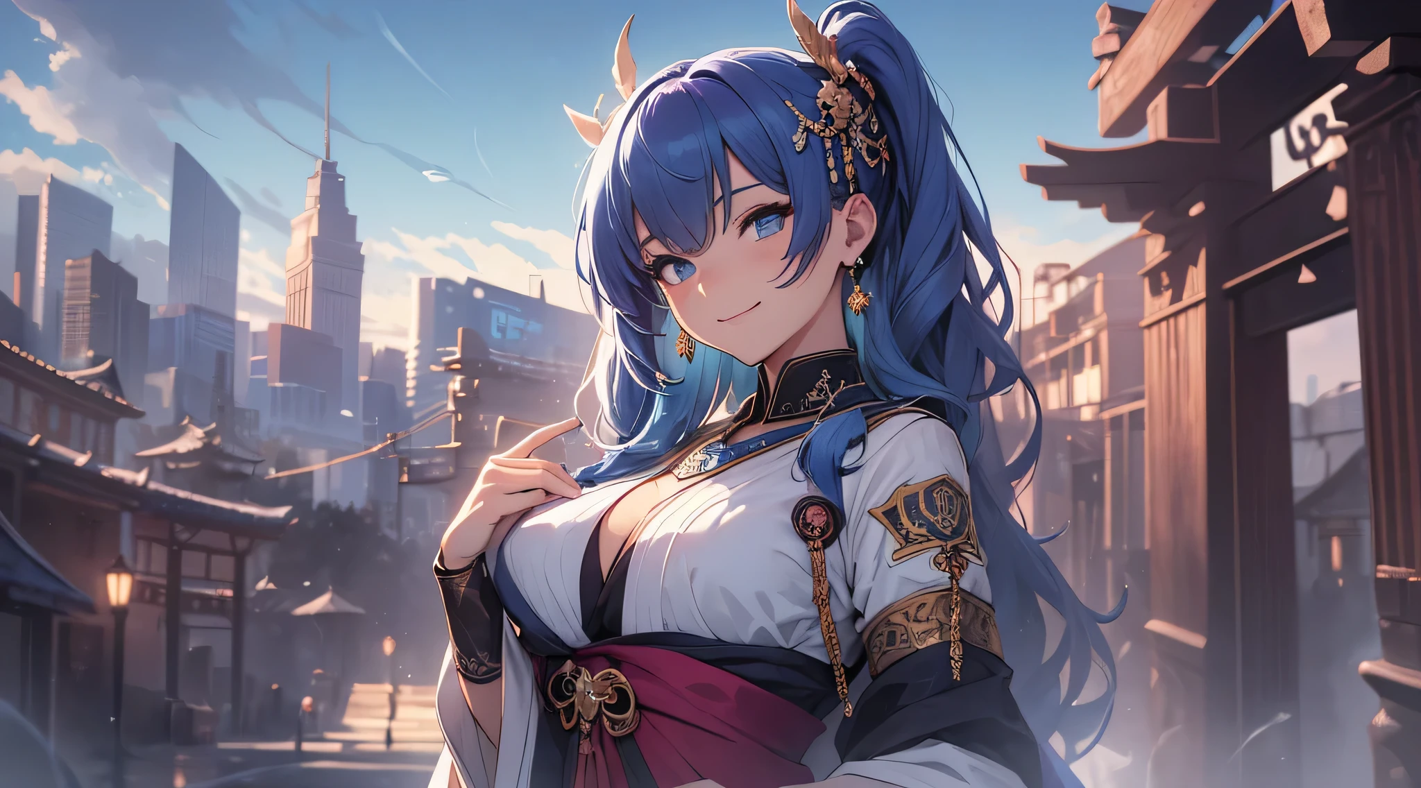 top-quality、Top image quality、​masterpiece、teens girl((18year old、 Ager、Best Bust、Medium bust,wide open breast tea、light blue eyerest, bionde、poneyTail、A slender,Highest valley、Priestess costume、The best smile、Face the front)),hiquality、Beautiful Art、Background with((jpn、Blue sky、shrines、torii gate、Bright sun)),masutepiece、depth of fields、movie、visualart、Perfect Art