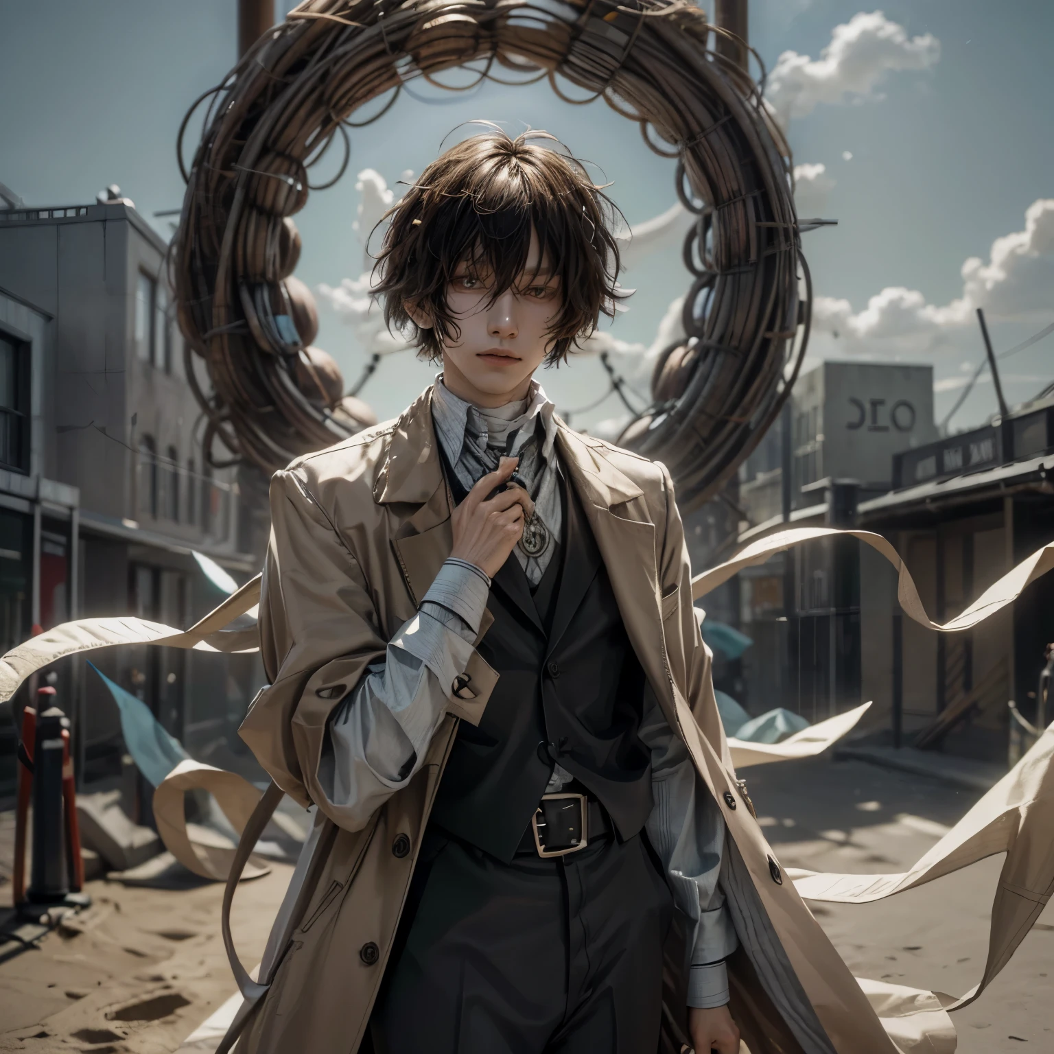 a man, Osamu Dazai((Bungo Stray Dogs)), focus male, 22 years old, mildly wavy, short, dark brown hair and narrow dark brown eyes, bangs frame his face, while some are gathered at the center of his forehead, long sand-colored trench coat, the belt of which he leaves untied,  Under it is a black vest over a striped dress shirt that is light blue in hue,bolo tie, which is held by a brown ribbon and a turquoise pendant,  UHD, retina, ccurate, masterpiece, anatomically correct, textured skin, high details, super detail, high quality, award winning, best quality, highres, 1080P, photorealistic photo, ultra high res.