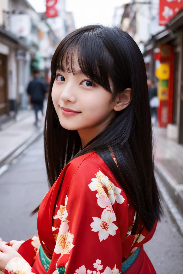 Beautiful girl wearing red kimono、New Year、years、Black hair straight long hair、