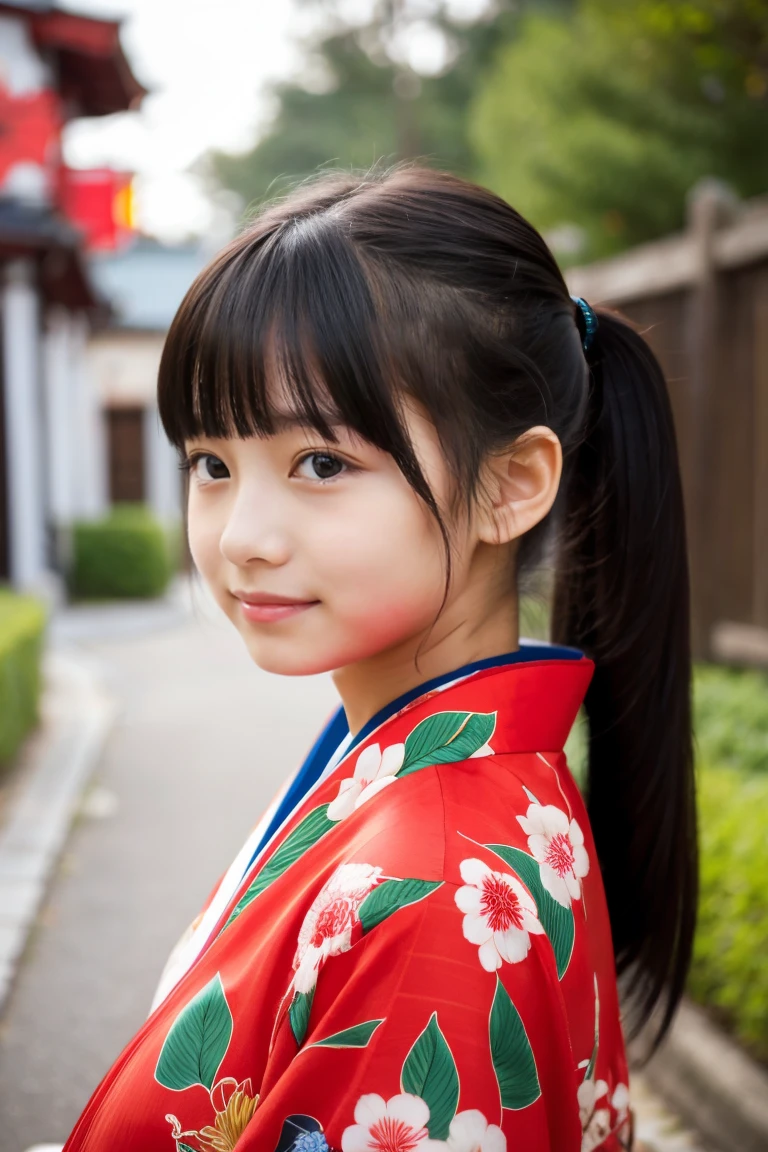 Beautiful girl wearing red kimono、New Year、14years、Black hair straight long hair、