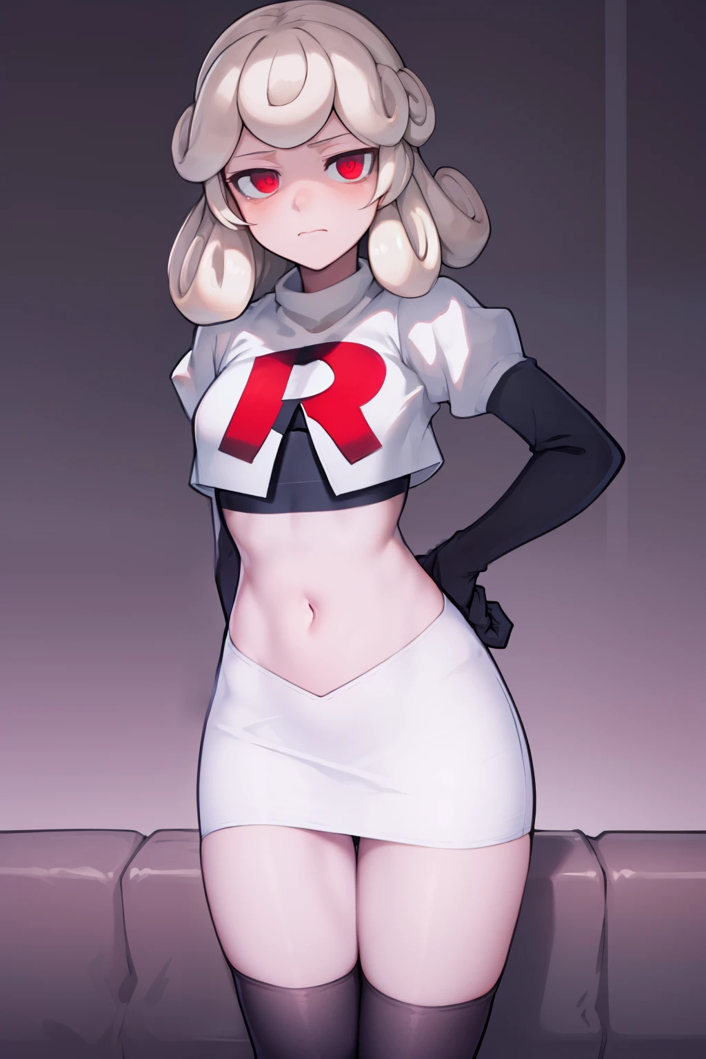 masterpiece, best quality, red eyes, white curly kair, team rocket,team rocket uniform,white skirt,red letter R,crop top,black thigh-highs,black elbow gloves,