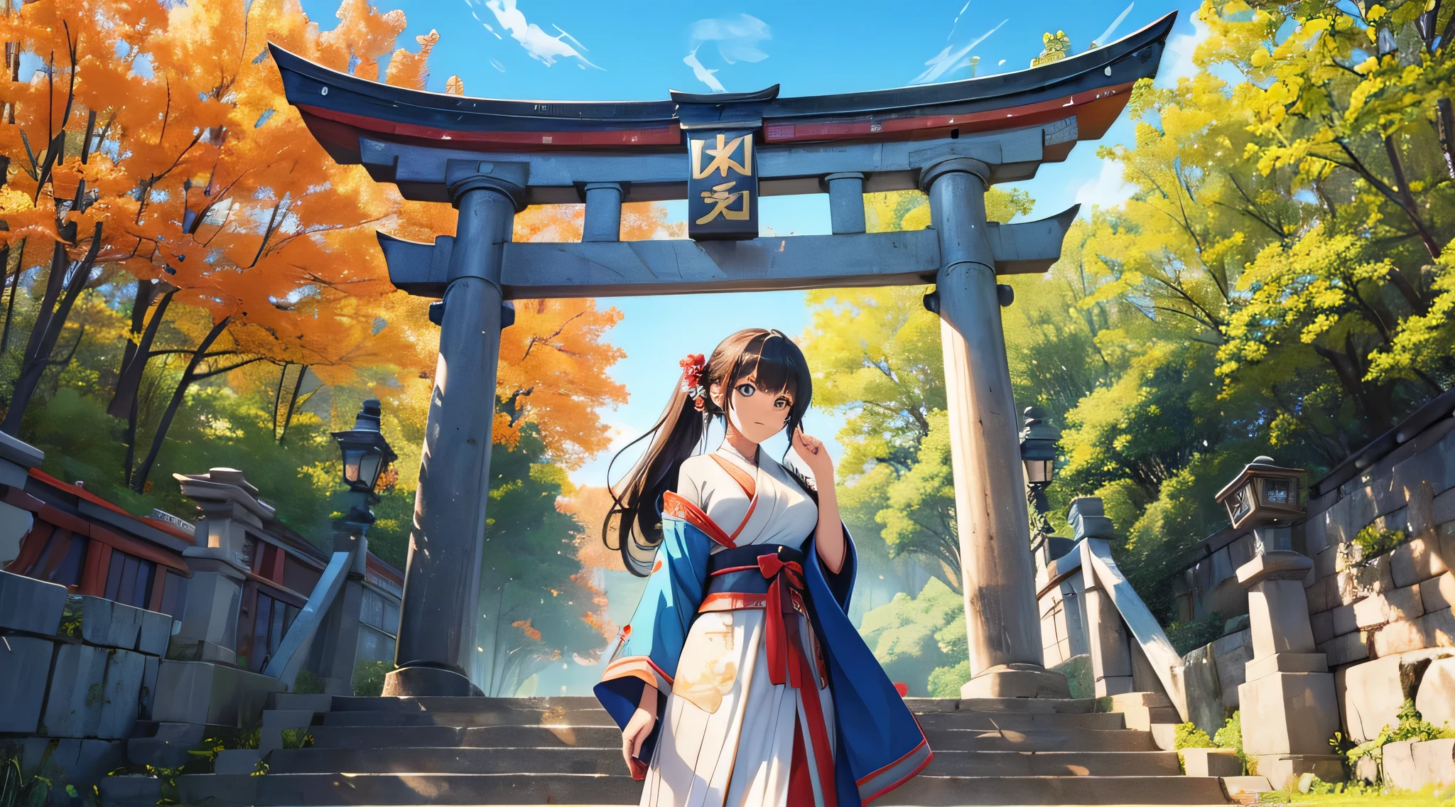 top-quality、Top image quality、​masterpiece、teens girl((18year old、 Ager、Best Bust、Medium bust,wide open breast tea、light blue eyerest, bionde、poneyTail、A slender,Highest valley、Priestess costume、The best smile、Face the front)),hiquality、Beautiful Art、Background with((jpn、Blue sky、shrines、torii gate、Bright sun)),masutepiece、depth of fields、movie、visualart、Perfect Art