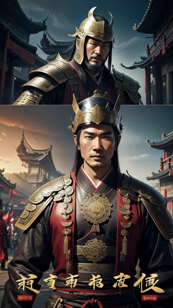 oriental、man in ancient chinese clothes、ancient chinese man in leather helmet、A man with no decorations、three kingdom、multiple warlords、top-quality、masterpiece、超A high resolution、(Photorealsitic:1.4)、Game Posters、Clear and beautiful image quality、