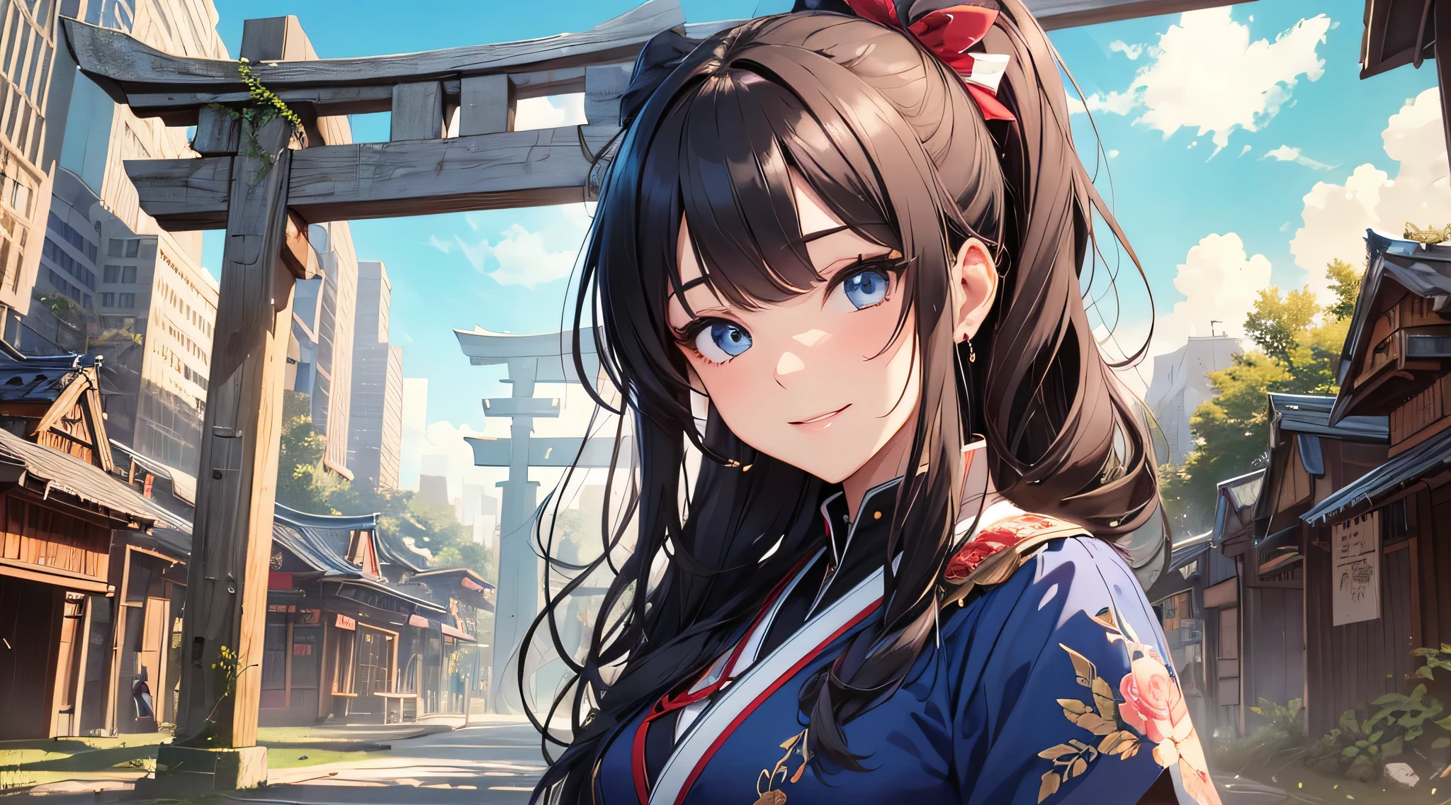 top-quality、Top image quality、masterpiece、teens girl((18year old、 Ager、Best Bust、Medium bust,wide open breast tea、light blue eyerest, bionde、poneyTail、A slender,Highest valley、Priestess costume、The best smile、Face the front)),hiquality、Beautiful Art、Background with((jpn、Blue sky、shrines、torii gate、Bright sun)),masutepiece、depth of fields、movie、visualart、Perfect Art