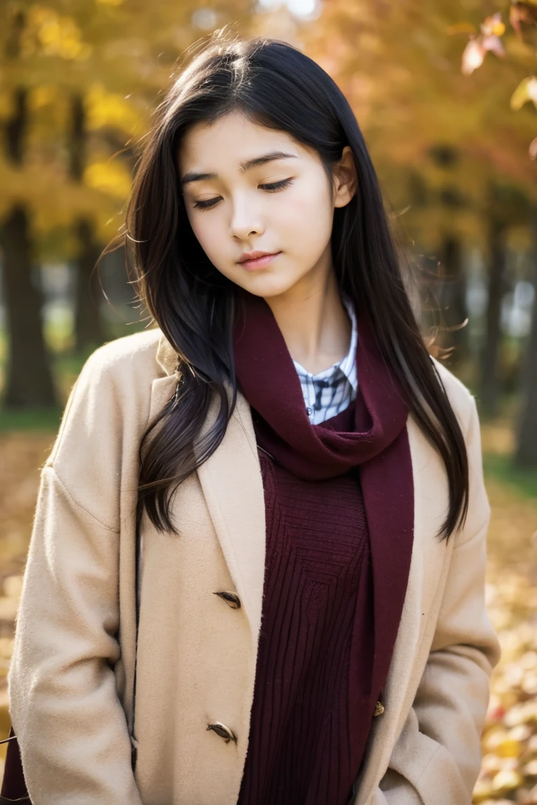 Beautiful girl wearing autumn clothes、 student、bow ribbon、japanes、(heavy wind)、wistfulness、A dark-haired、Spinning、An expression that reminds you of something with your eyes closed、