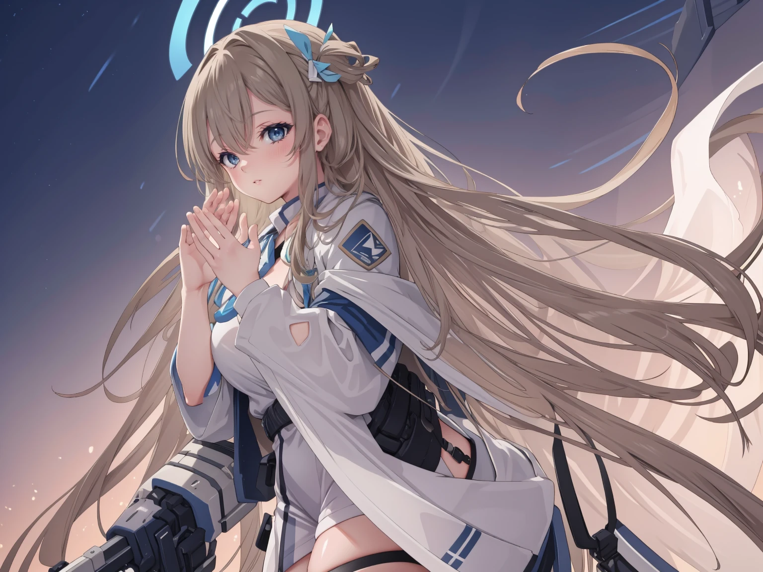 (A high resolution), (Ridiculous resources for the most quality), (high high quality), (tmasterpiece), 1 plump girl, Asuna, eBlue eyes, Long gray hair, The halo, hair covering one eye, Very long hair, Light brown hair, (, Crack comparison glue high socks, Red latex stockings, praying hands logo, looking at viewert, 8K HD RTX, Delicate finger detailing,The kinky is exposed，Slim figure，