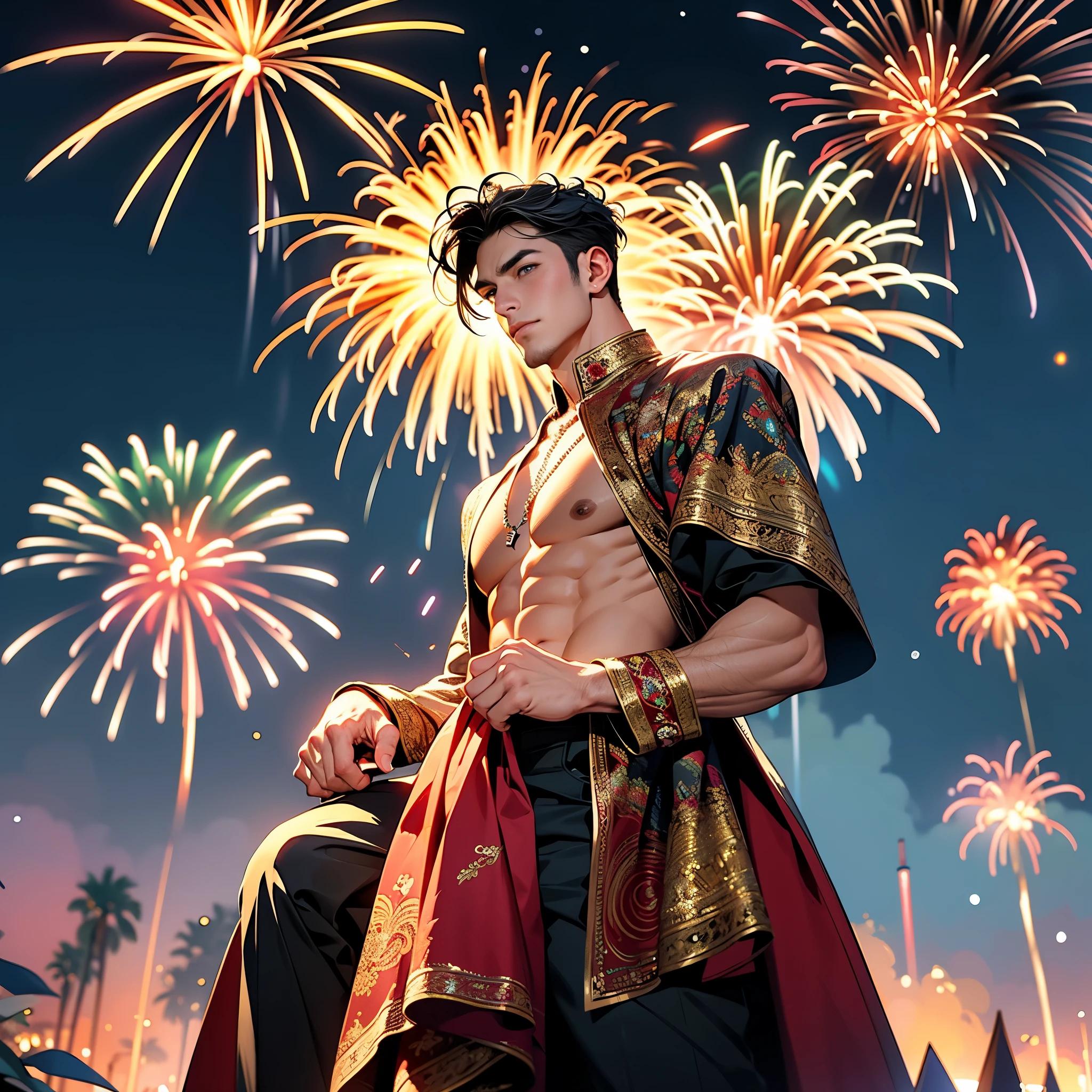 (masterpiece,top Quality,best quality,official art,beauty and aesthetics:1.2),(1man, muscular, tall, handsome),Extremely detailed,(s fractal art:1.3),extremely colorful, Most detailed,Fireworks explode in the sky , The fireworks are huge, Spectacular fireworks display.