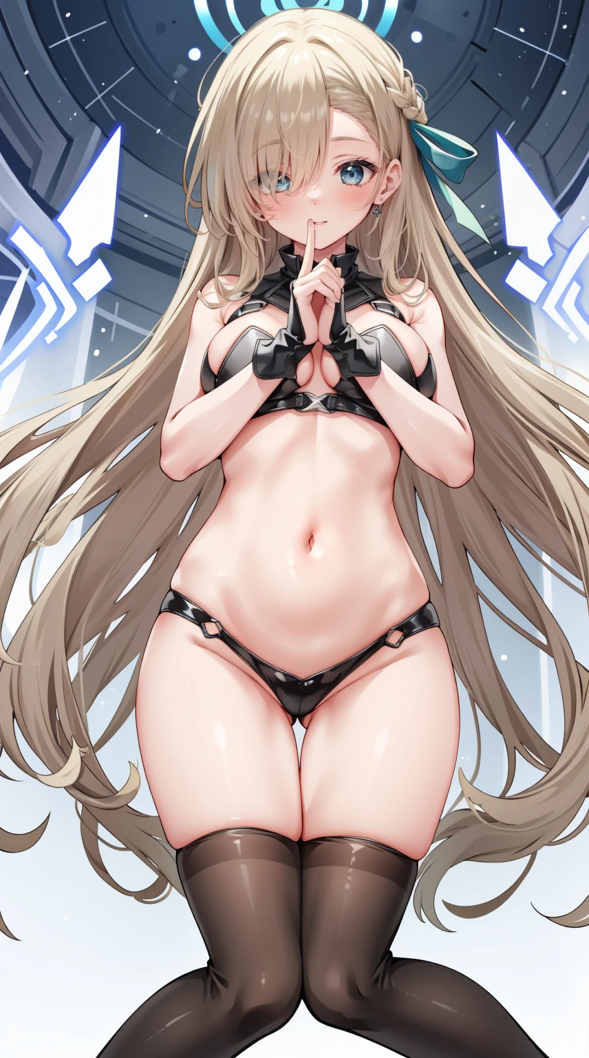 (A high resolution), (Ridiculous resources for the most quality), (high high quality), (tmasterpiece), 1 plump girl, Asuna, eBlue eyes, Long gray hair, The halo, hair covering one eye, Very long hair, Light brown hair, (, Crack comparison glue high socks, Red latex stockings, praying hands logo, looking at viewert, 8K HD RTX, Delicate finger detailing,The kinky is exposed，Slim figure，