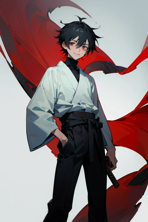 A tall 17 year old Japanese male with dark eyebags under his eyes. His face is small and angular and his hair is messy and sideswept. He's wearing a white turtleneck and plain black pants. He has a long katana in a black sheath at his waist with a red handle. He's smiling slightly as he stands in an empty modern city environment while holding a takeaway coffee cup held in his left hand.