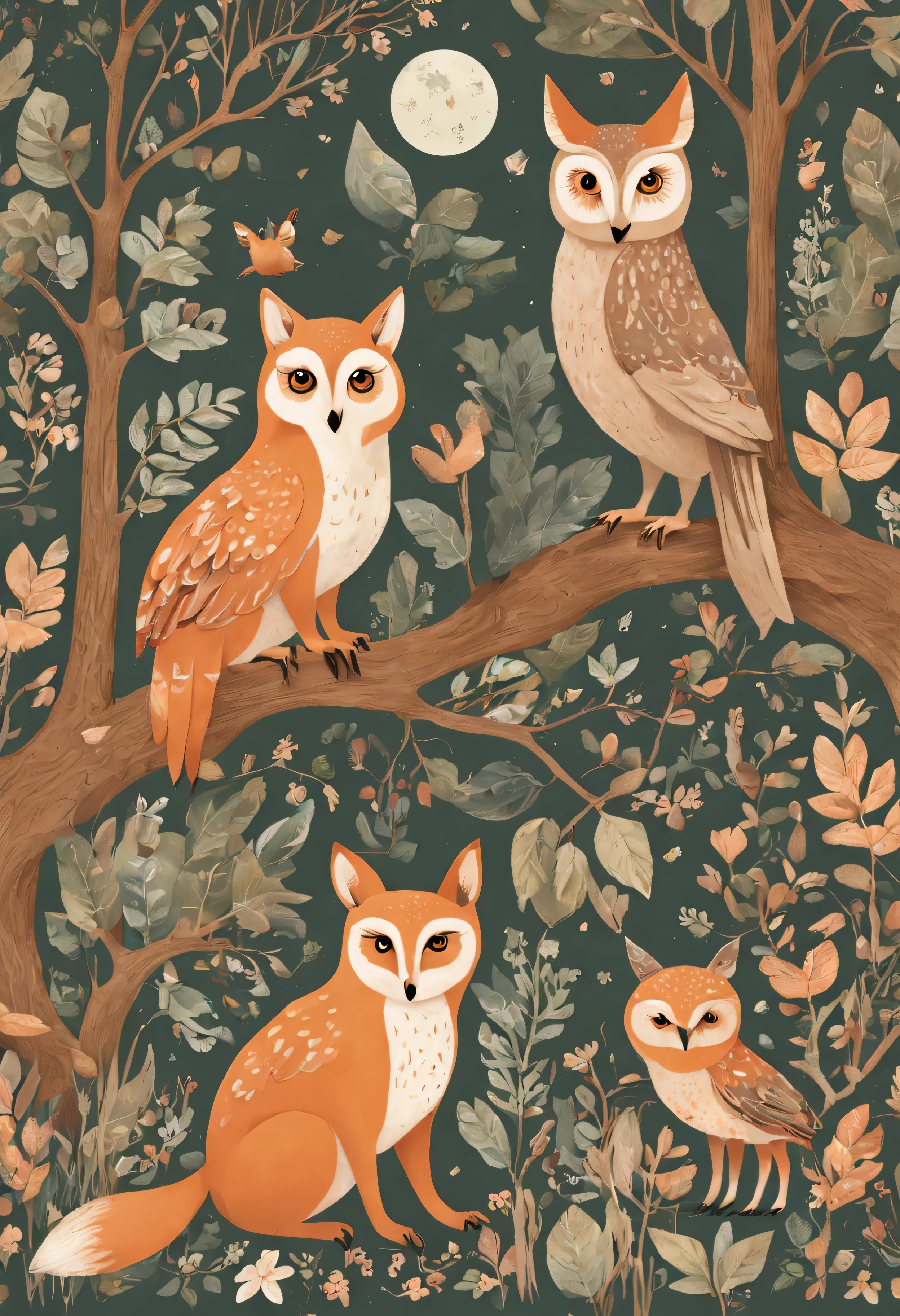 Enchanting forest creatures, such as owls, foxes, and deer, set against a woodland backdrop, creating a magical and whimsical atmosphere