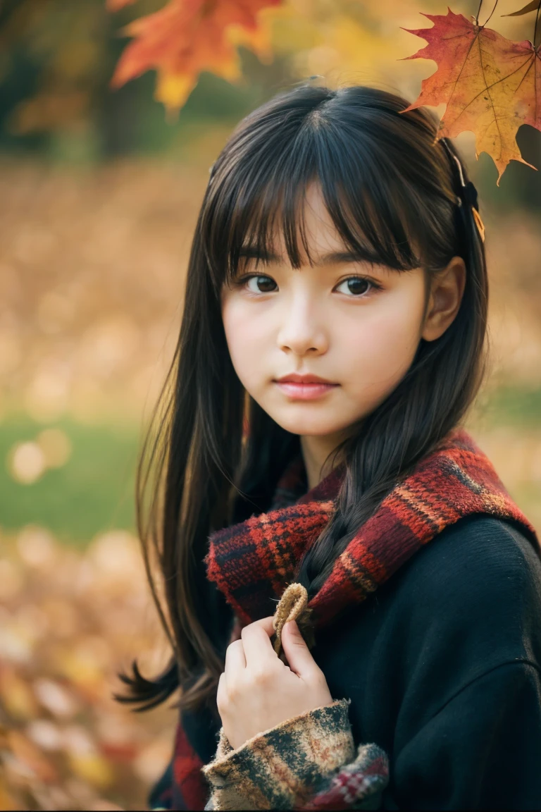 Beautiful girl wearing autumn clothes、12year old、bow ribbon、japanes、(heavy wind)、wistfulness、A dark-haired、Spinning、An expression that reminds you of something with your eyes closed、