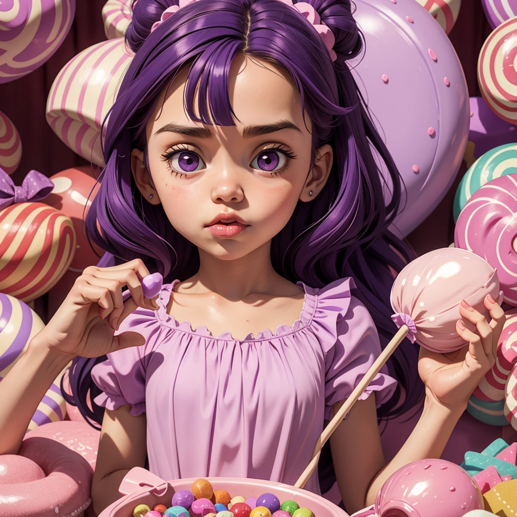 sweet girl, holding a big lollypop, big eyes, innocent face, purple hair, in a candy shop, piles of candies,