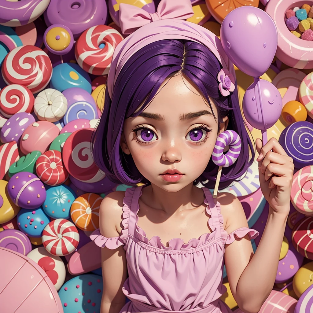 sweet loli girl, holding a big lollypop, big eyes, innocent face, purple hair, in a candy shop, piles of candies,