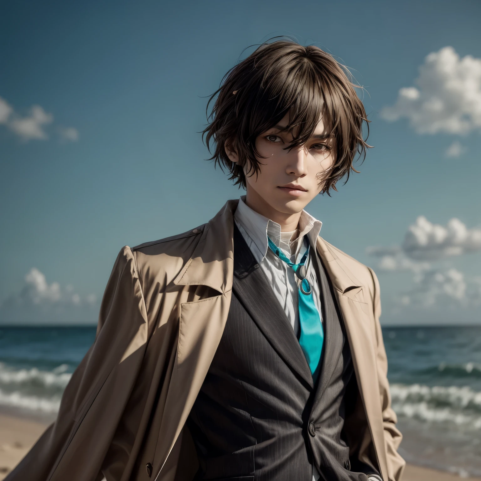 a man, Osamu Dazai((Bungo Stray Dogs)), focus male, 22 years old, mildly wavy, short, dark brown hair and narrow dark brown eyes, bangs frame his face, while some are gathered at the center of his forehead, long sand-colored trench coat, the belt of which he leaves untied, Under it is a black vest over a striped dress shirt that is light blue in hue,bolo tie, which is held by a brown ribbon and a turquoise pendant, UHD, retina, ccurate, masterpiece, anatomically correct, textured skin, high details, super detail, high quality, award winning, best quality, highres, 1080P, photorealistic photo, ultra high res.