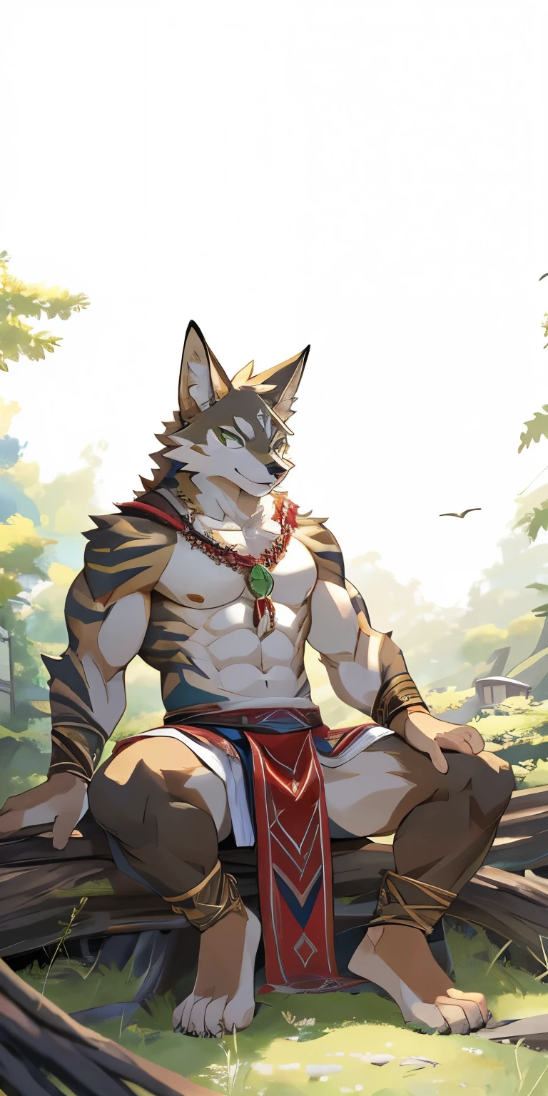 Seto (Tokyo After-School Summoners), Seto(Wandering Longing), Seth (it), Seto, Kazuma Koda, coyote, Green Eye, Grey Body, white body, Brown Body, stripes, stripes 몸체, wear a loincloth, youthful, High Quality, 8K, High image quality, NSFW, pixiv, shadowy, A composition where the whole body is visible, The right ratio, skiny, Sexy, Sexy Men, Muscular, Sexy muscles, slender fit body, elegant posed, sit on the tree
