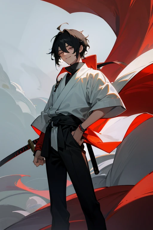 A tall 17 year old Japanese male with noticeable dark eyebags under his eyes. His face is angular and his medium-length hair is sideswept. He's wearing a white turtleneck and plain black pants. He has a long katana in a black sheath at his waist with a red handle. He's smiling slightly as he stands in an empty modern city environment while holding a takeaway coffee cup held in his left hand.