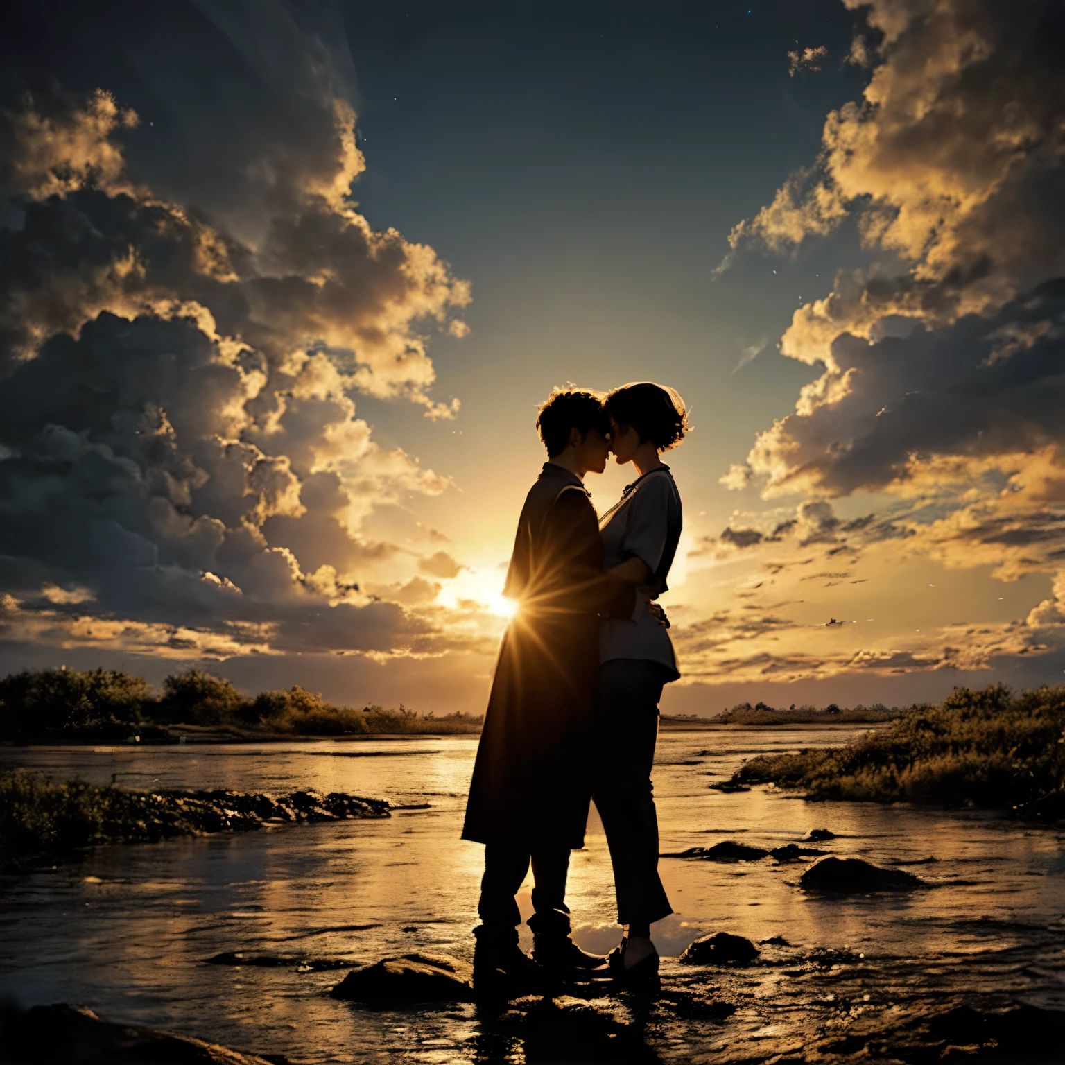 Full body silhouette of a harmonious man and woman with short hair flies up in a stream of light, cloudy landscape,minimalistic, Cuddling, unity, Energy, Love, creation of life, universe