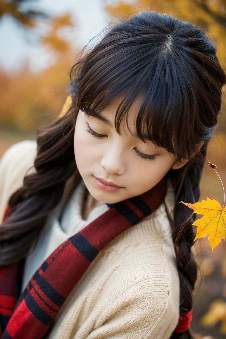 Beautiful girl wearing autumn clothes、14years、bow ribbon、japanes、(heavy wind)、wistfulness、A dark-haired、Spinning、An expression that reminds you of something with your eyes closed、
